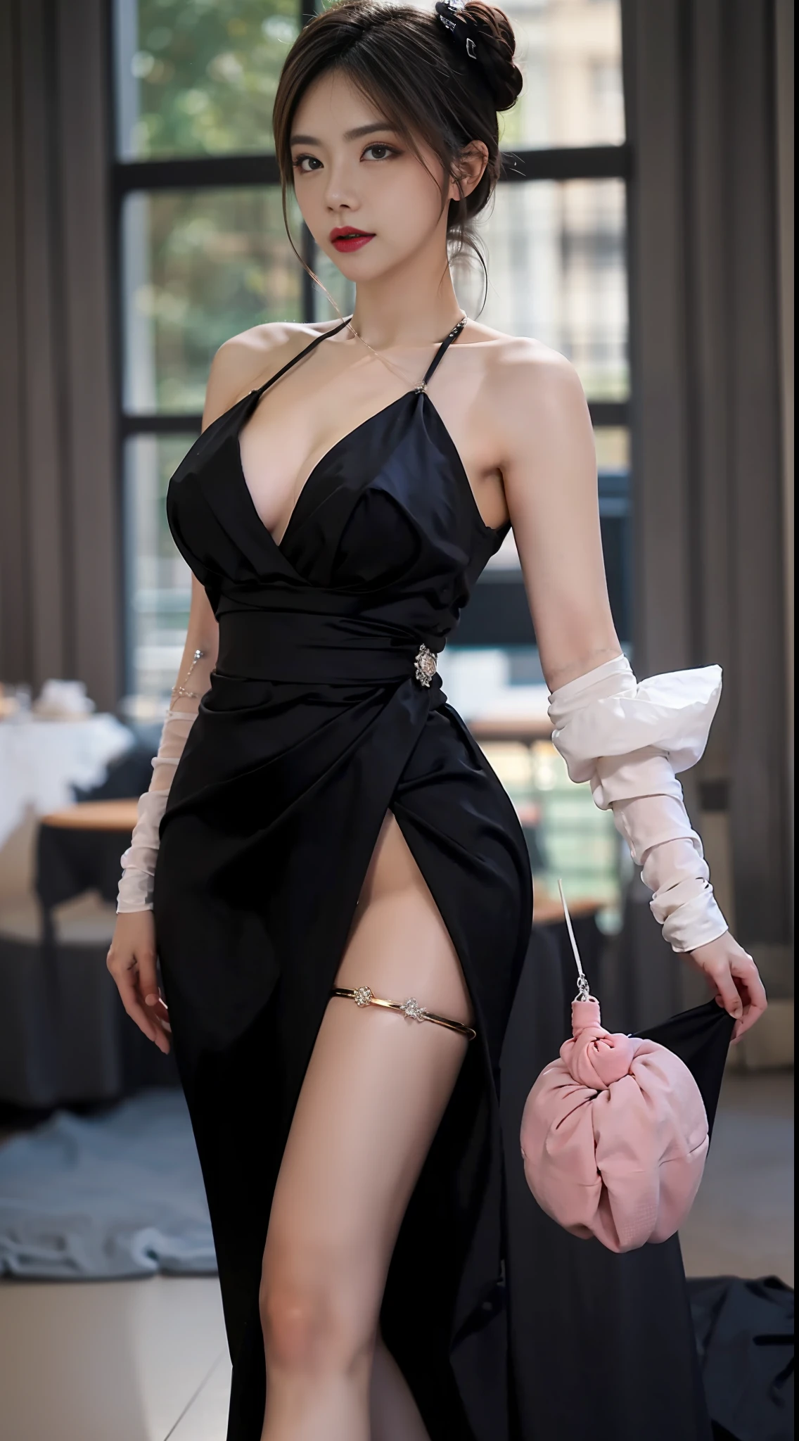 Female, Black dress, Deep V-neckline, fitted waist design, floor-length skirt, arms covered with black gauze, simple bun hairstyle, Bright eyes, rose-colored lipstick, Diamond earrings, elegant and confident posture, important occasion, high-end dinner or formal event, eyes full of confidence and power