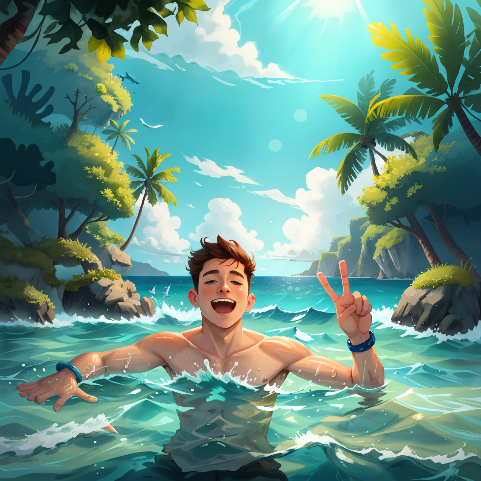 there is a man in the water making a peace sign, in water! up to shoulders, dans la mer, in water, in the middle of the ocean!!!!!, ocean in the background, floating in the ocean, in water, on the ocean water, in the ocean, ocean in the background, paradise in the background, dans une mer
