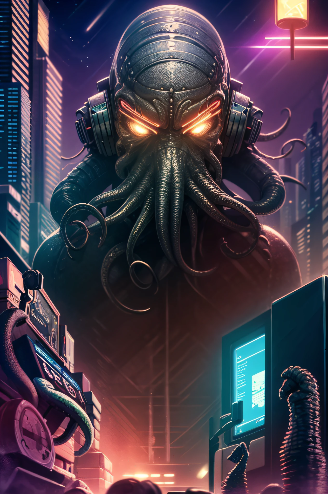 Cthulhu, as a cyborg, cyberpunk style, wearing headphones, listening to ipod, best quality, futuristic city scene, night time, lovecraftian, red light district, highly detailed, bladerunner