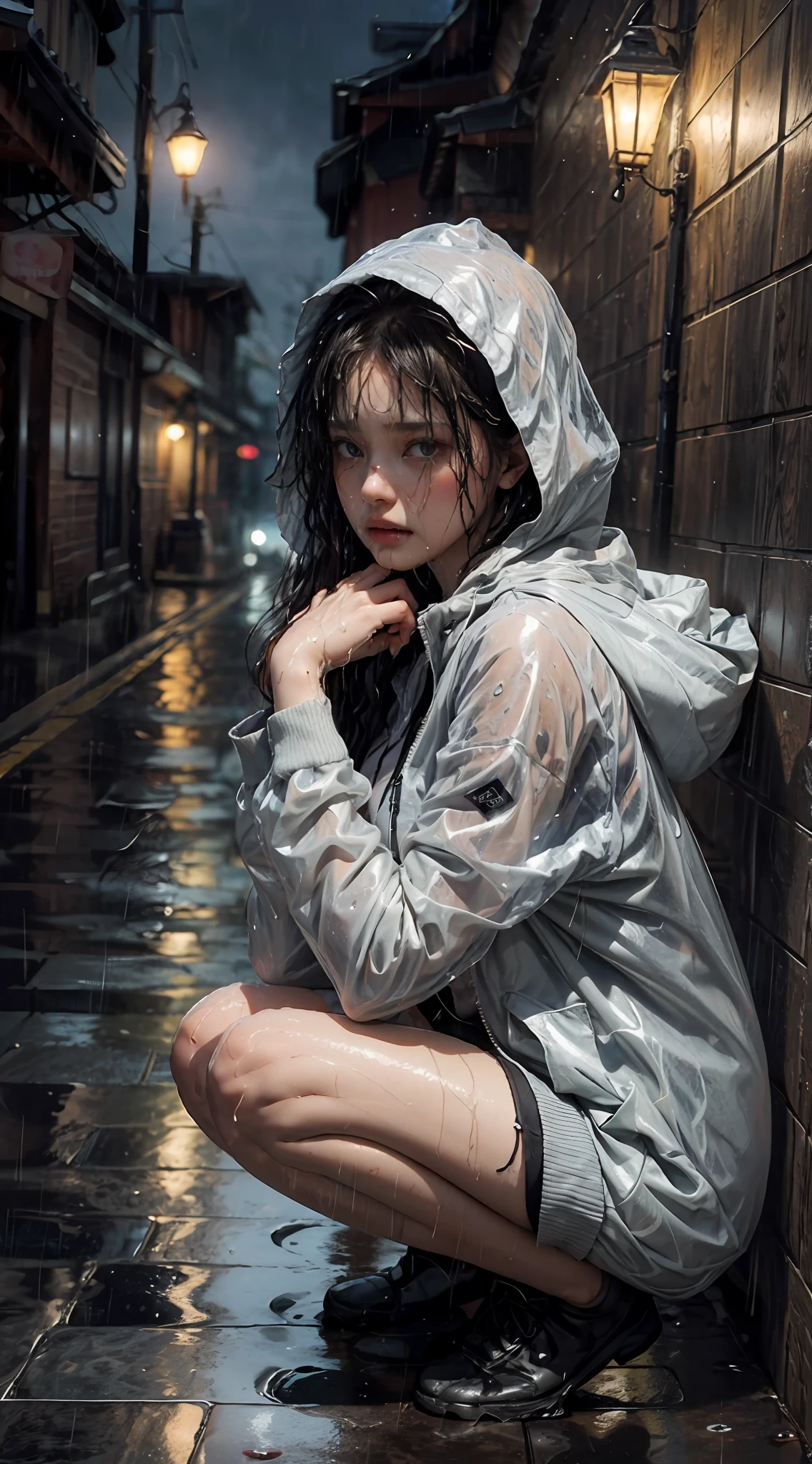 (masterpiece:1.2, best quality), (real picture, intricate details), (night, dark, downpour:1.4)
A young sad woman sitting in the alley crying and sobbing almost heart broken, the surroundings were silent, only the raindrops sprinkled on the tile eaves of the low houses near and far, making a slight rustling sound. In the cold rain, (1girl, wet hooded jacket, sad, perfect eyes:1.2) squatting on the ground,