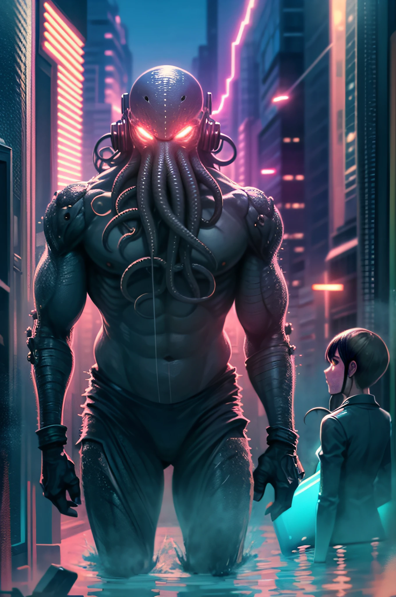 Cthulhu, as a cyborg, cyberpunk style, wearing headphones, listening to ipod, best quality, futuristic city scene, night time, lovecraftian, red light district, highly detailed, bladerunner