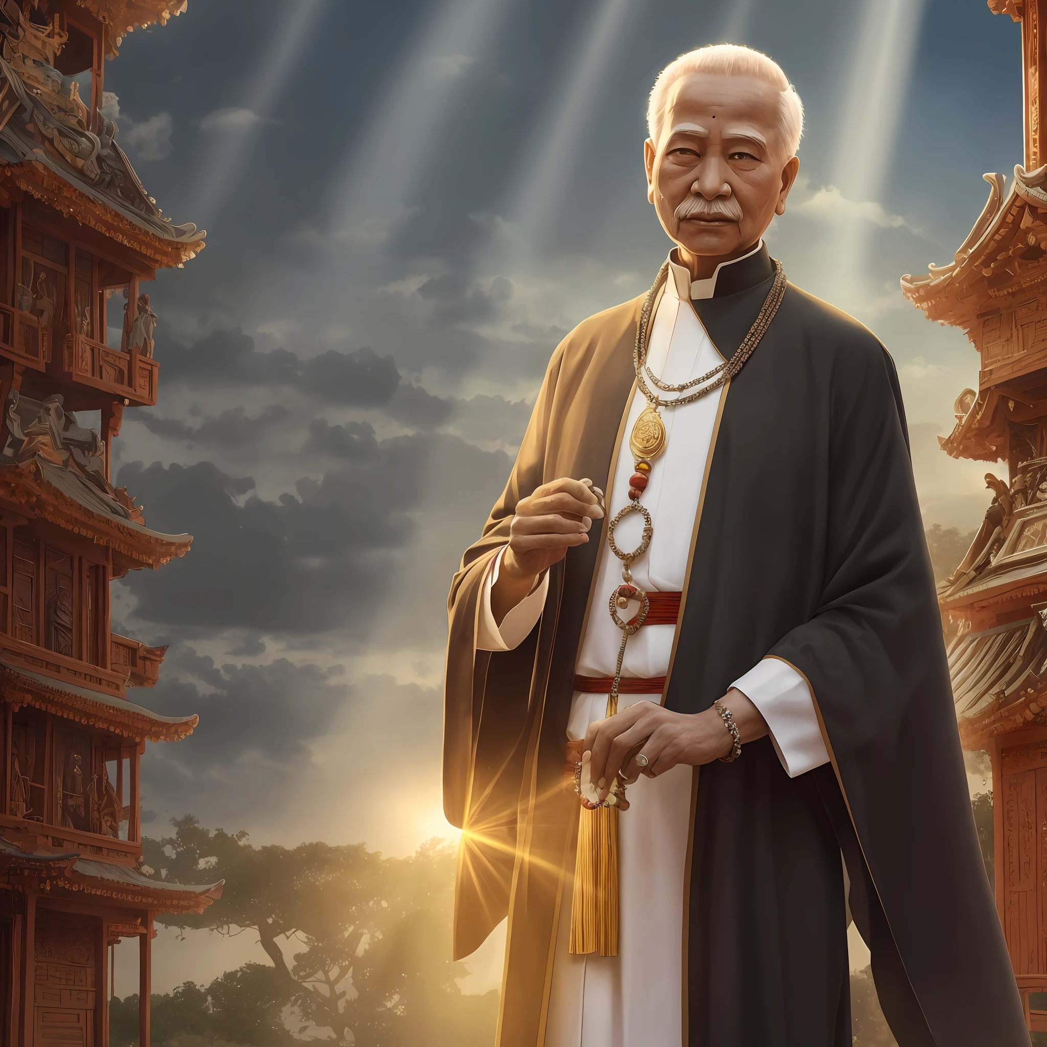 An old monk，Gray eyebrows，Very long eyebrows，Buddha beads around his neck，Wearing a cassock，Knocking on the wooden fish，The background is a temple，rays of sunlight piercing through，It looks a little bleak，And a little hope --auto
