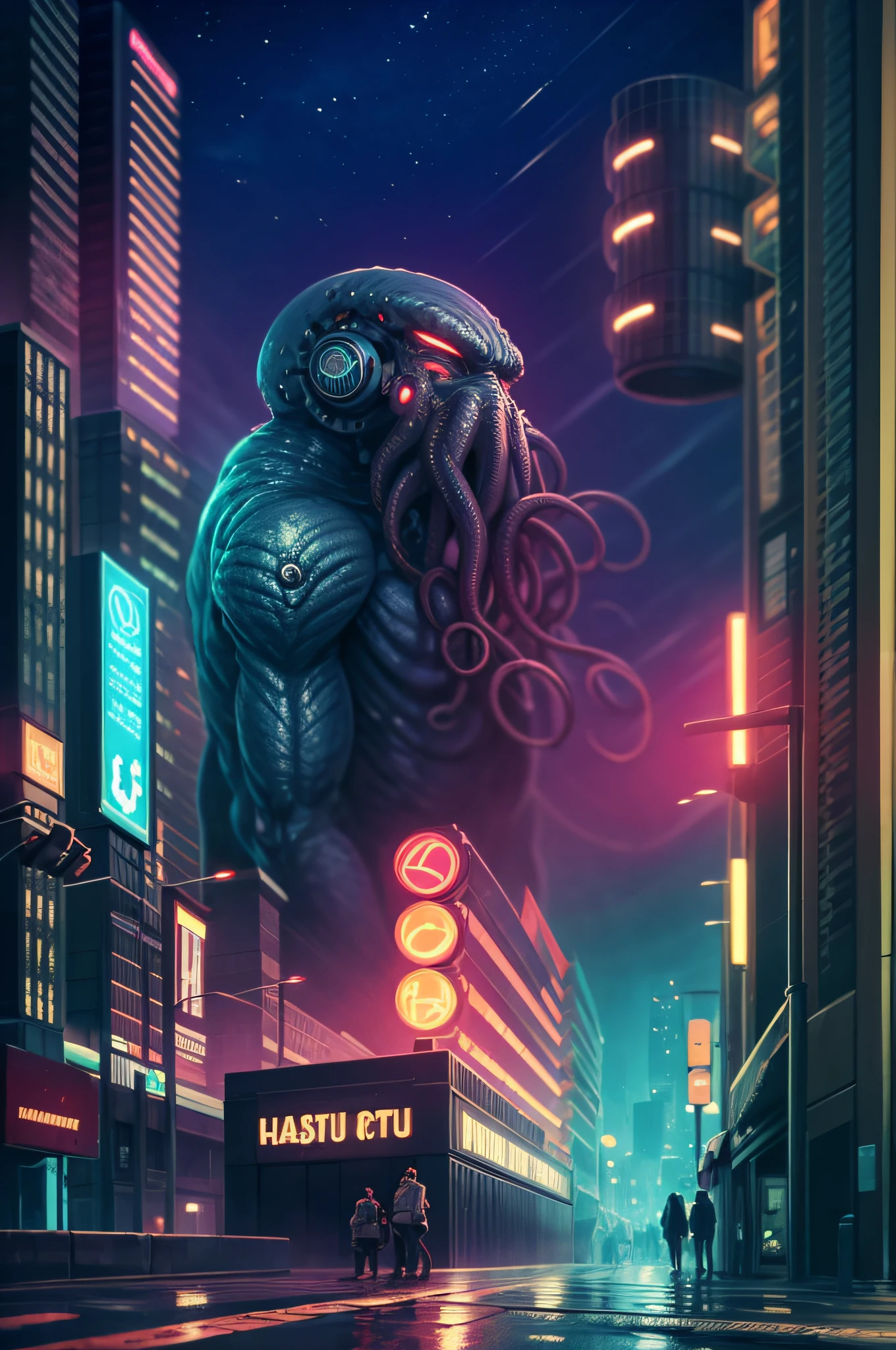 Cthulhu, as a cyborg, cyberpunk style, wearing headphones, listening to ipod,  best quality, futuristic city scene, night time, lovecraftian, red light district, highly detailed, bladerunner