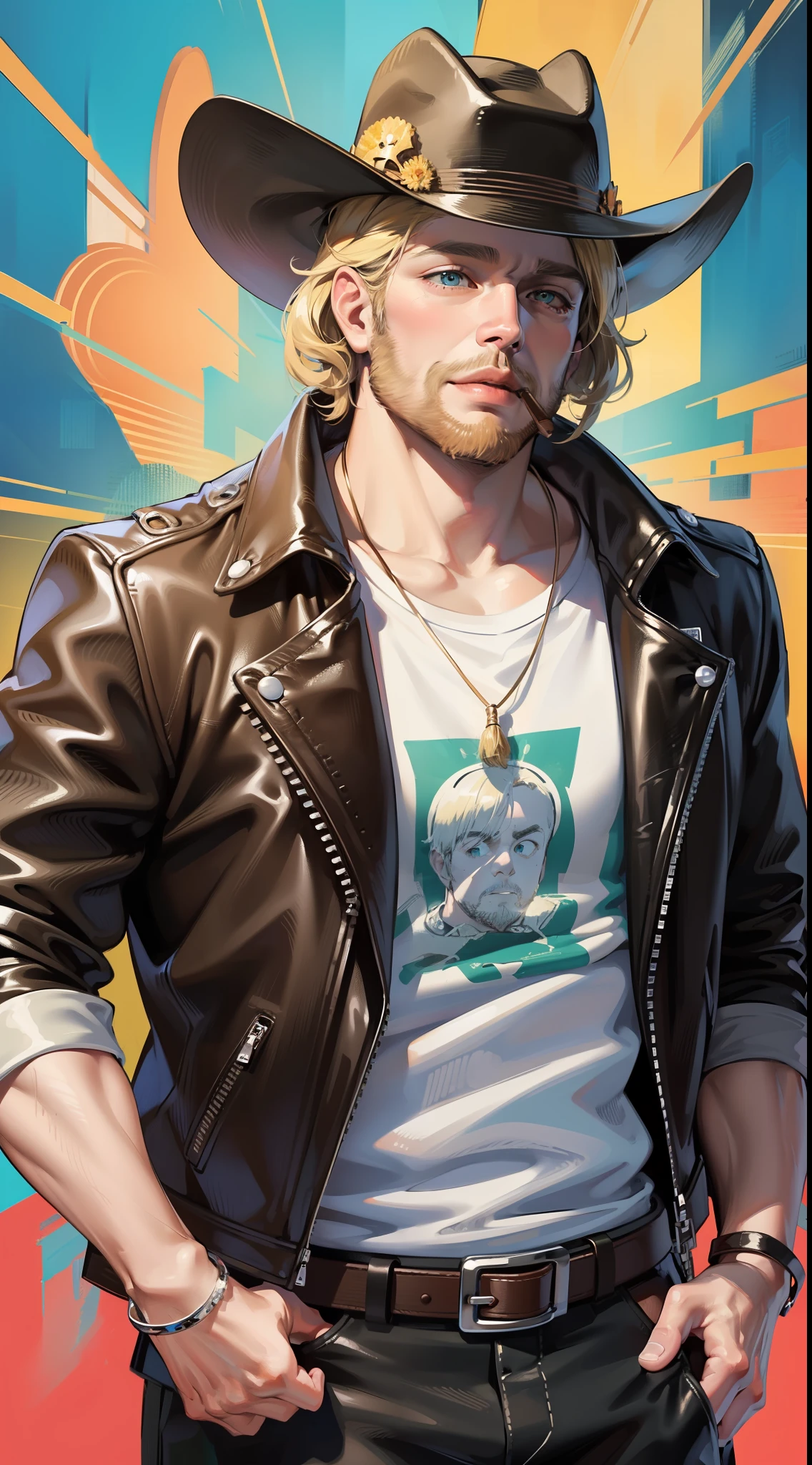 Haute, fat guy, short blonde curly hair, Cyan eyes, Small beard, cowboy hat, leather jacket, red t-shirt, cigar, Masterpiece, high qulity