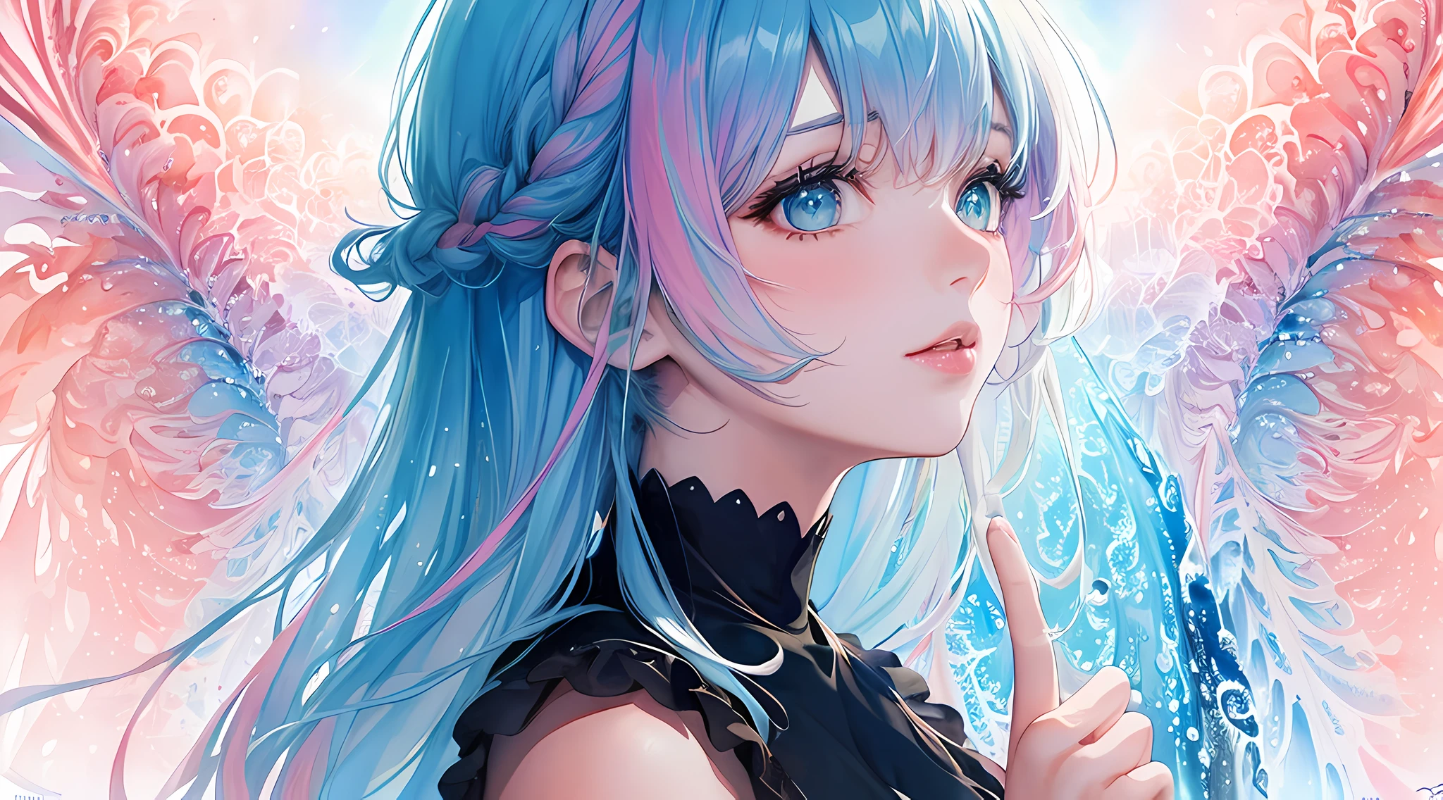 (masterpiece, top quality, best quality,watercolor (medium),official art, beautiful and aesthetic:1.2),(1girl:1.3), (fractal art:1.3),upper body, from side, looking at viewer,patterns,(rainbow color Hair,colorful hair,half blue and half pink hair:1.2),water,liquid, cloud,colorful, starry,stars,