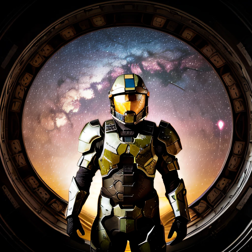 man with halo armor,  in a space base,lightly rusty halo armor, professional photo, milky way