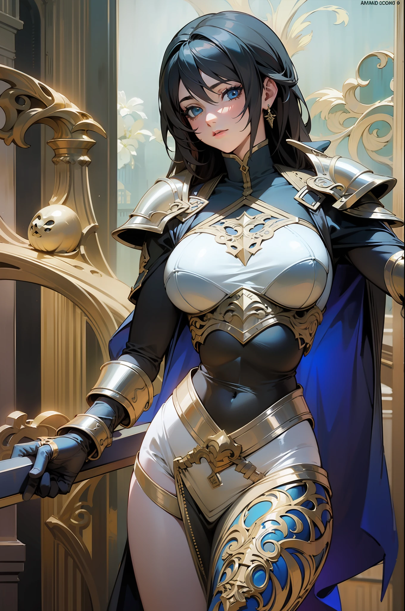 Rinoa, de Final Fantasy 8, como um cavaleiro medieval sensual, armadura azul esculpida, intricate details
