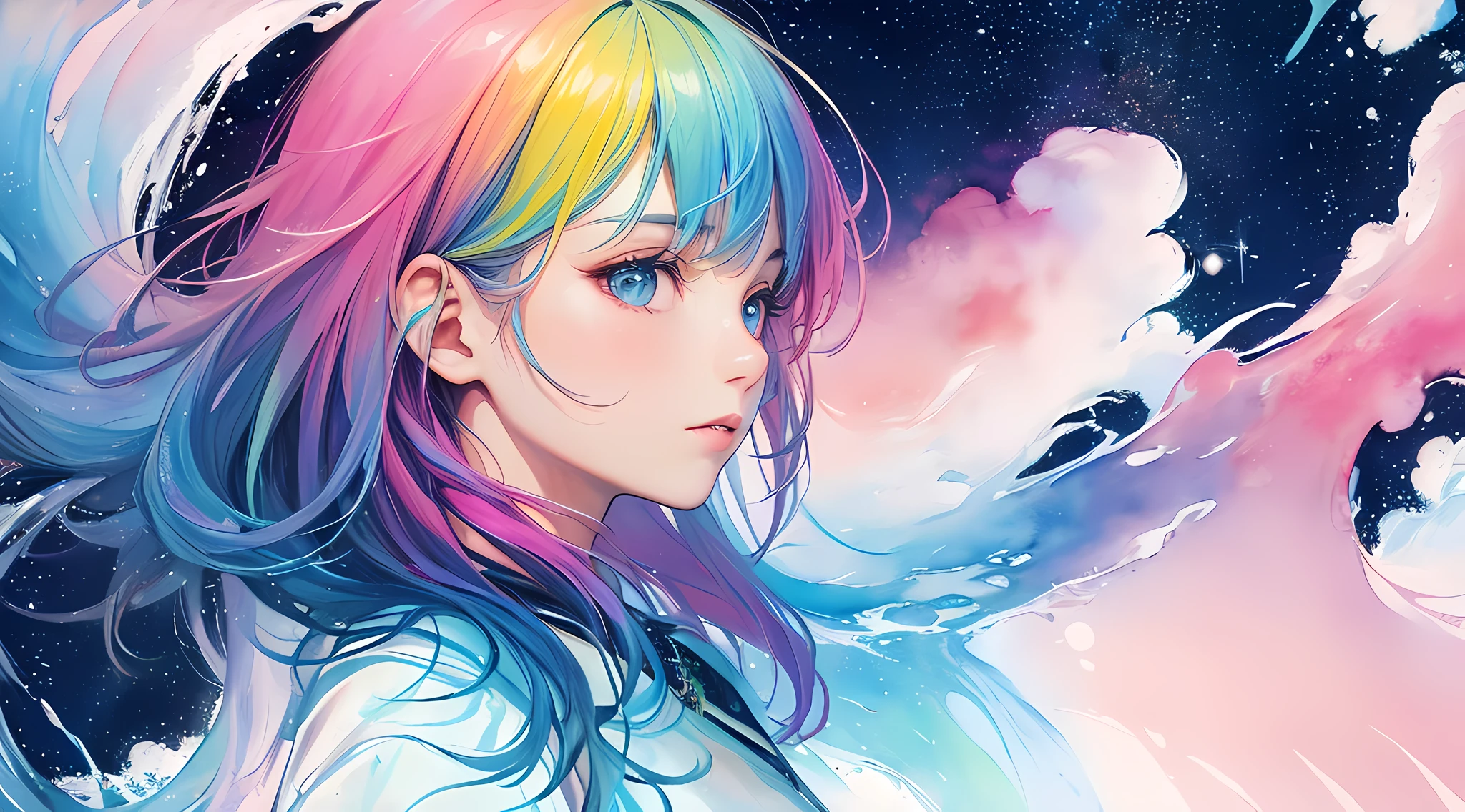 (masterpiece, top quality, best quality,watercolor (medium),official art, beautiful and aesthetic:1.2),(1girl:1.3), (fractal art:1.3),upper body, from side, looking at viewer,patterns,(rainbow color Hair,colorful hair,half blue and half pink hair:1.2),water,liquid, cloud,colorful, starry,stars,