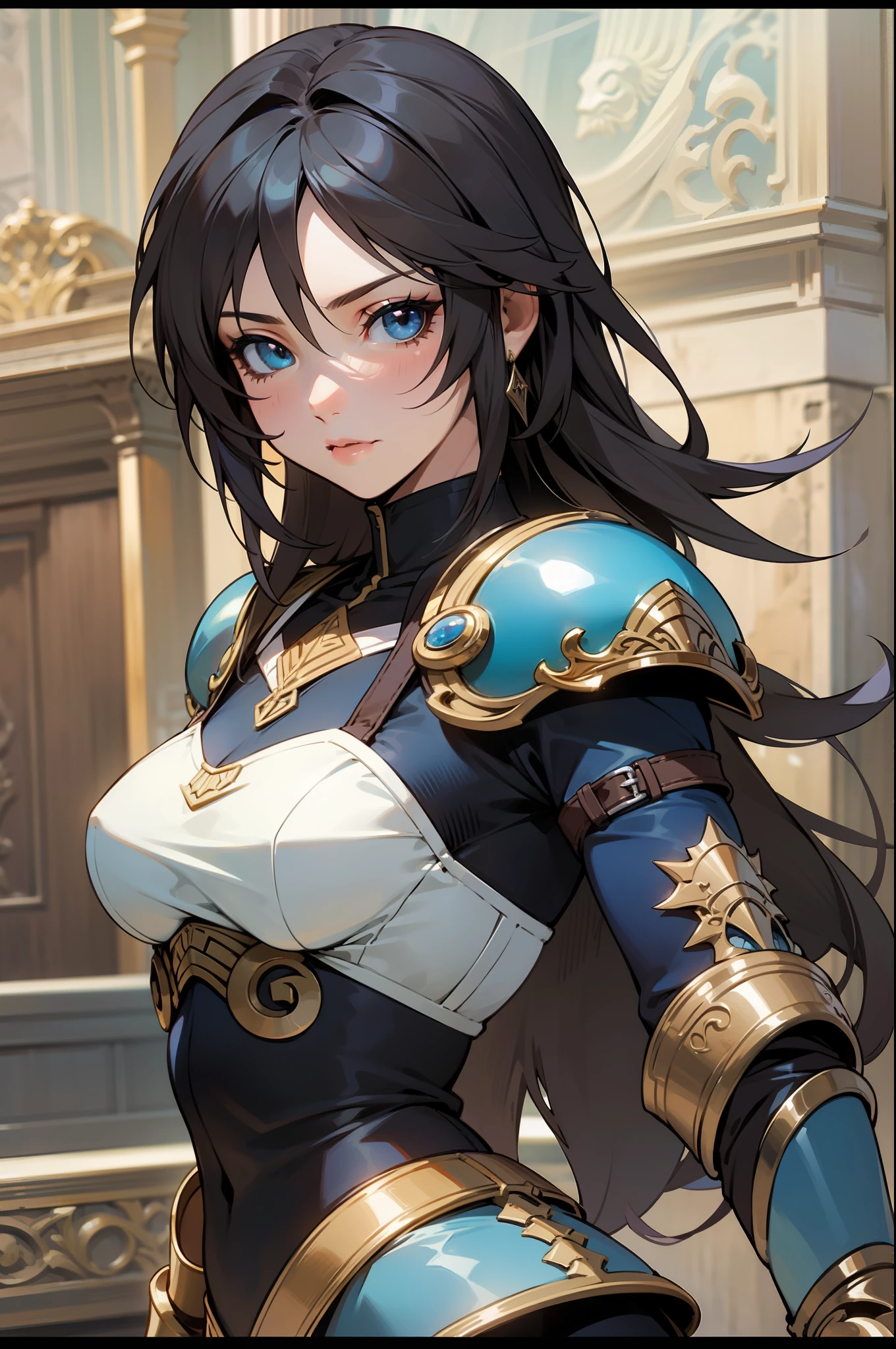 Rinoa, de Final Fantasy 8, como um cavaleiro medieval sensual, armadura azul esculpida, intricate details