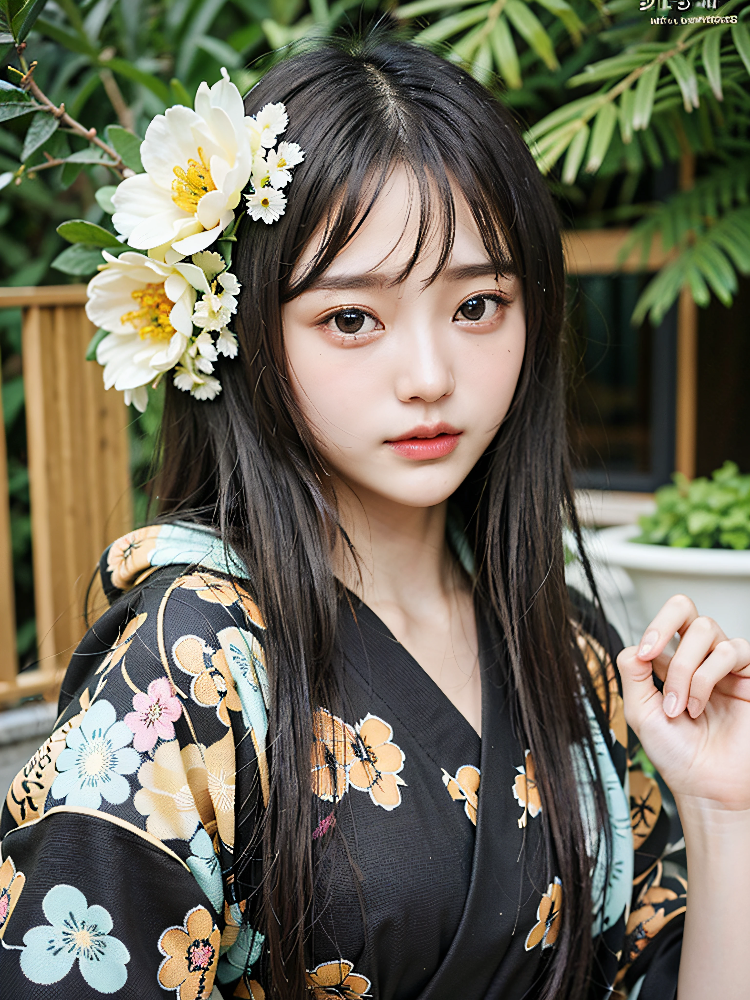 "(Maste Piece, Best Quality:1.2),(最好质量:1.2),(Master Master:1.2)、(巨作、Super Quality、Hi-Def、8K、intrikate:1.2)、(details face:1.2)、White Skin Skin、双眼皮、Detailed skin、((realisitic))、Good lighting quality、beautiful Girl,Dignified face,Sareme,front facing, (black har)".Kimono、Kimono、Black kimono、Vivid pattern、Exclusive Japan garden、