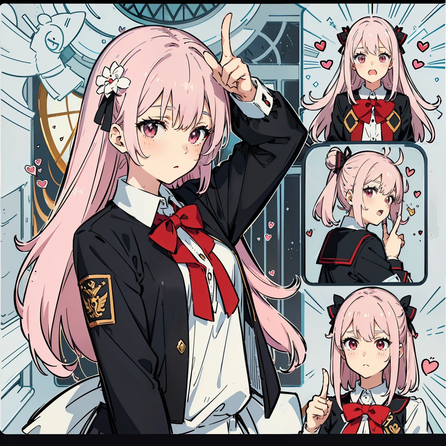 a pink haired anime girl in school uniform pointing her finger, in the style of humor meets heart, light crimson and white, sōsaku hanga, blocky, Eye-catching, bombacore,