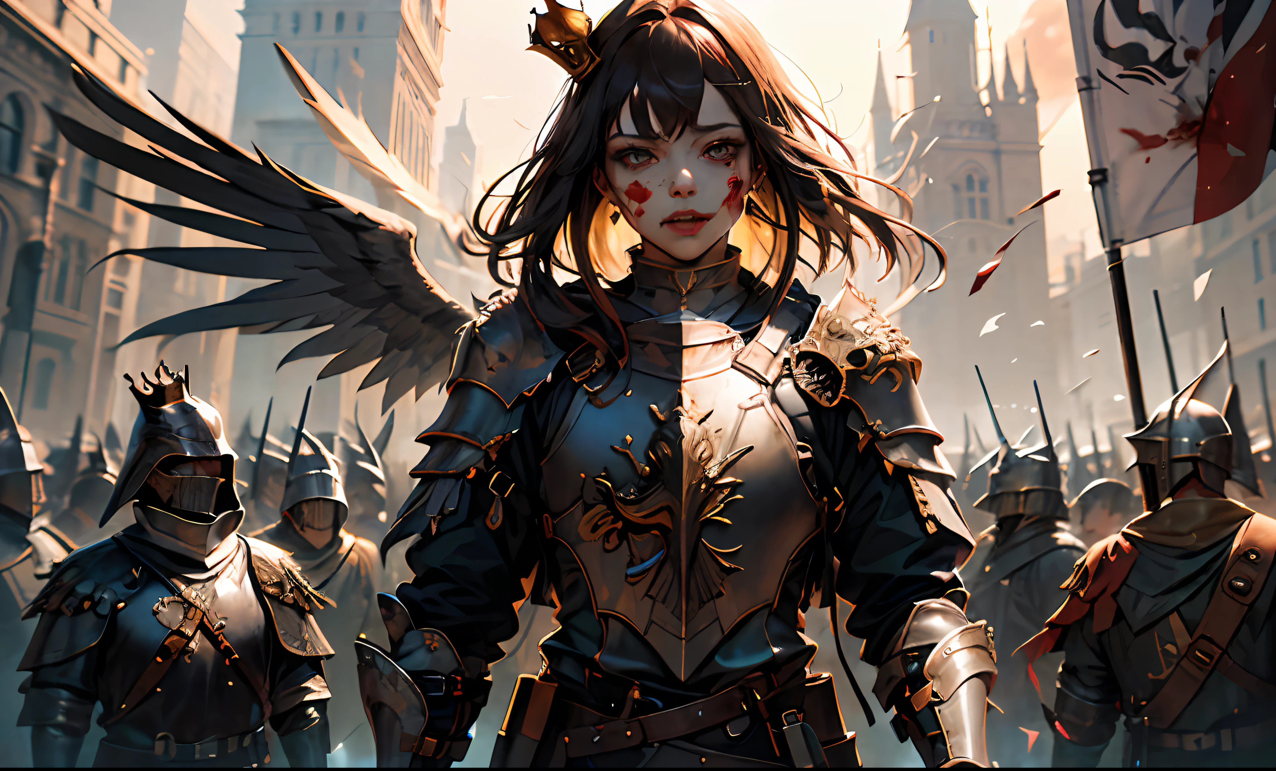 (masterpiece:1.2, best quality:1.1),8K,intricate details,HD,best illustration,wall-paper,intricate details,8K Hd wallpaper:1.6
1girl,,Golden pupil,((Golden eye)),Golden iris,shine:1.6
Swords and shields, griffins, wings, banners, streamers, emeralds, crowns,The sheen, the detail, the sparks, the ink, the castle, the fire, the sunset,Crusader armor
Metallics, streamers, blood on his face,Chest exposed, broken armor,industrial, dieselpunk, Carved armor:1.4, scratches:1.2, battle damage, wounds