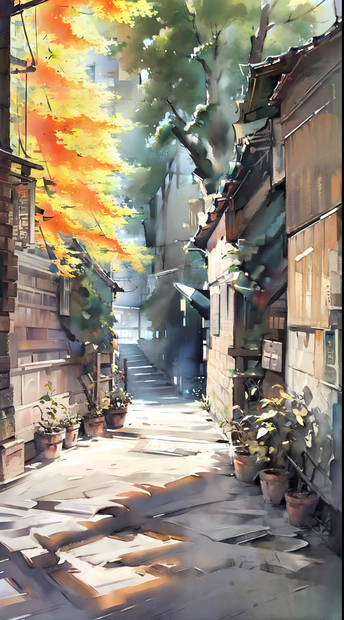 water colour，Ink，Chinese rural houses bluestone paths，Red brick building，standing water，water bloom，the street，crepuscular，sun beam，masterpaintings，16K resolution，ultra fine，high qulity，