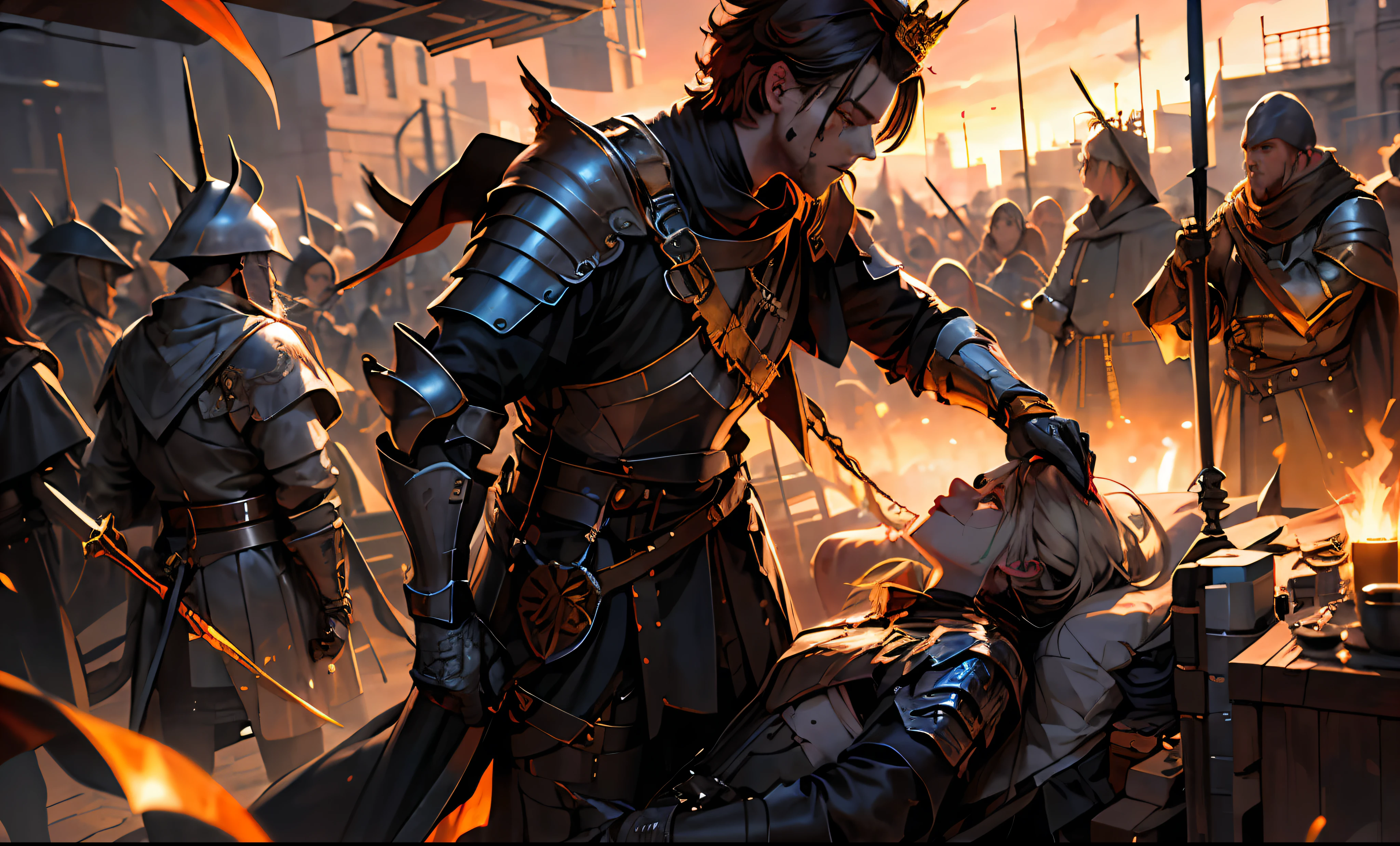 (masterpiece:1.2, best quality:1.1),8K,intricate details,HD,best illustration,wall-paper,intricate details,8K Hd wallpaper:1.6
1girl,12yo,Golden pupil,((Golden eye)),Golden iris,shine:1.6
Swords and shields, griffins, wings, banners, streamers, emeralds, crowns,The sheen, the detail, the sparks, the ink, the castle, the fire, the sunset,Crusader armor
Metallics, streamers, blood on his face,Chest exposed, broken armor,industrial, dieselpunk, Carved armor:1.4, scratches:1.2, battle damage, wounds