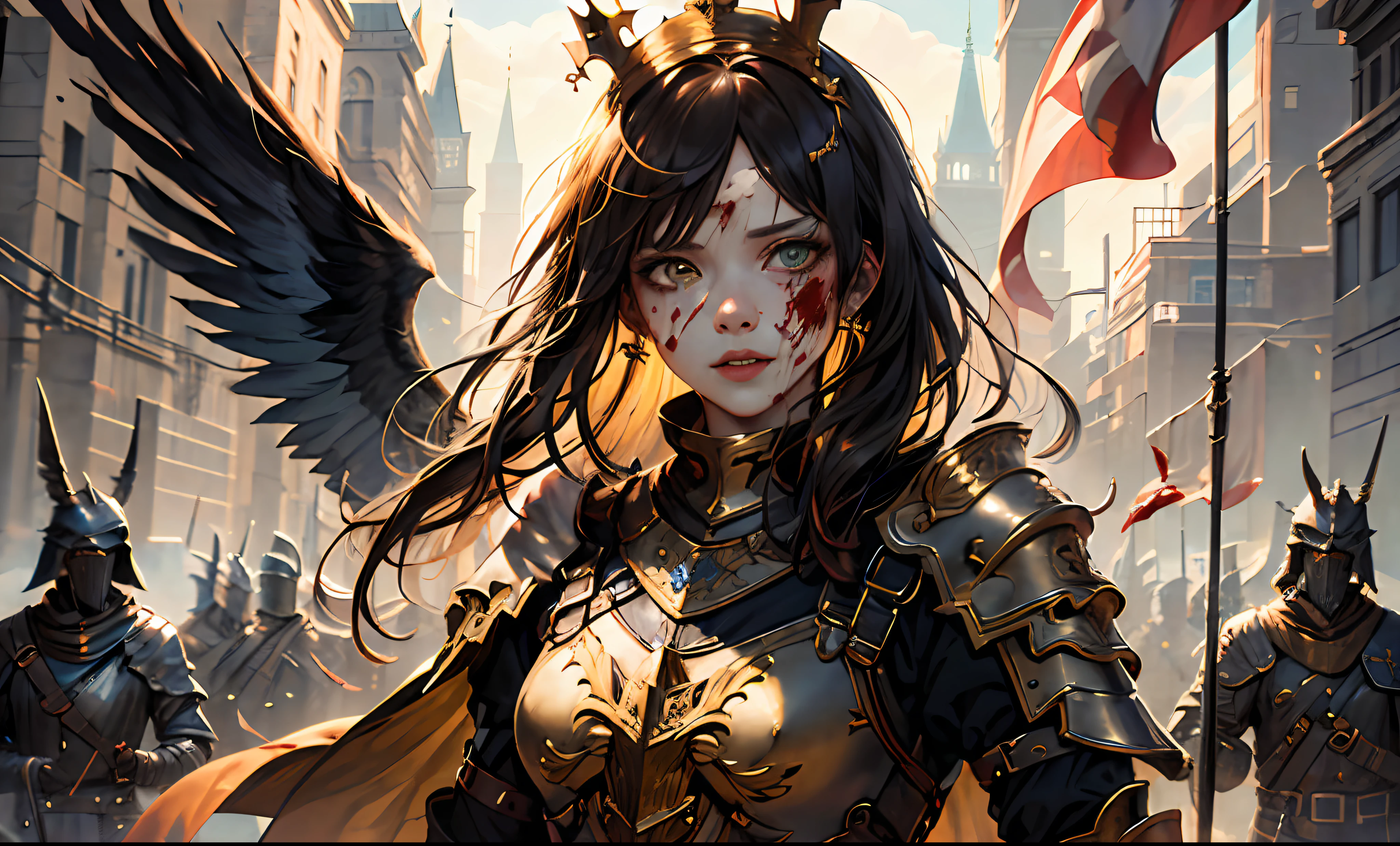 (masterpiece:1.2, best quality:1.1),8K,intricate details,HD,best illustration,wall-paper,intricate details,8K Hd wallpaper:1.6
1girl,12yo,Golden pupil,((Golden eye)),Golden iris,shine:1.6
Swords and shields, griffins, wings, banners, streamers, emeralds, crowns,The sheen, the detail, the sparks, the ink, the castle, the fire, the sunset,Crusader armor
Metallics, streamers, blood on his face,Chest exposed, broken armor,industrial, dieselpunk, Carved armor:1.4, scratches:1.2, battle damage, wounds