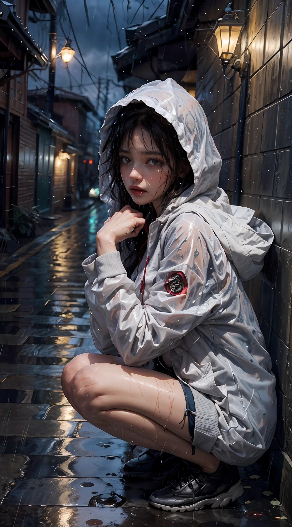(masterpiece:1.2, best quality), (real picture, intricate details), (night, dark, downpour:1.4)
A young sad woman sitting in the alley crying and sobbing almost heart broken, the surroundings were silent, only the raindrops sprinkled on the tile eaves of the low houses near and far, making a slight rustling sound. In the cold rain, (1girl, red wet hooded jacket,  sad, perfect eyes:1.2) squatting on the ground,