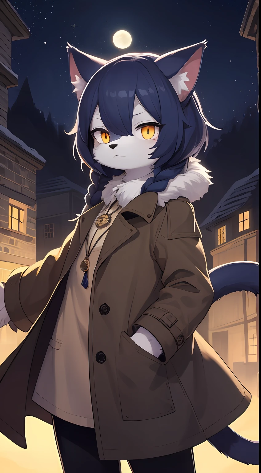 Cat boy,was hairy,shaggy,Skin fur,Smoothes lashes,Indigo fur,Forelimb hands,Short hair in men, Low twin braids' hair is scattered,solid circle eyes,Indigo ears,Indigo fur,Indigo facial fur,Short indigo hair,Hairline, Shiny hair, Wavy hair,Golden eyes,Super cute face,Cat tail,Fluffy tail,furry tail, Expressionless,Glowing eyes,Pocket watch in hand,Brown cape,Brown trench coat,ambientlight,Ultra-fine fur,volumettic light,dashed eyes, bangs, Stargazing,lightand shade contrast, ultra high def, 巨作, High quality, high-details, Best quality,Castle background,A sky full of stars,Meteor,Night,full moon