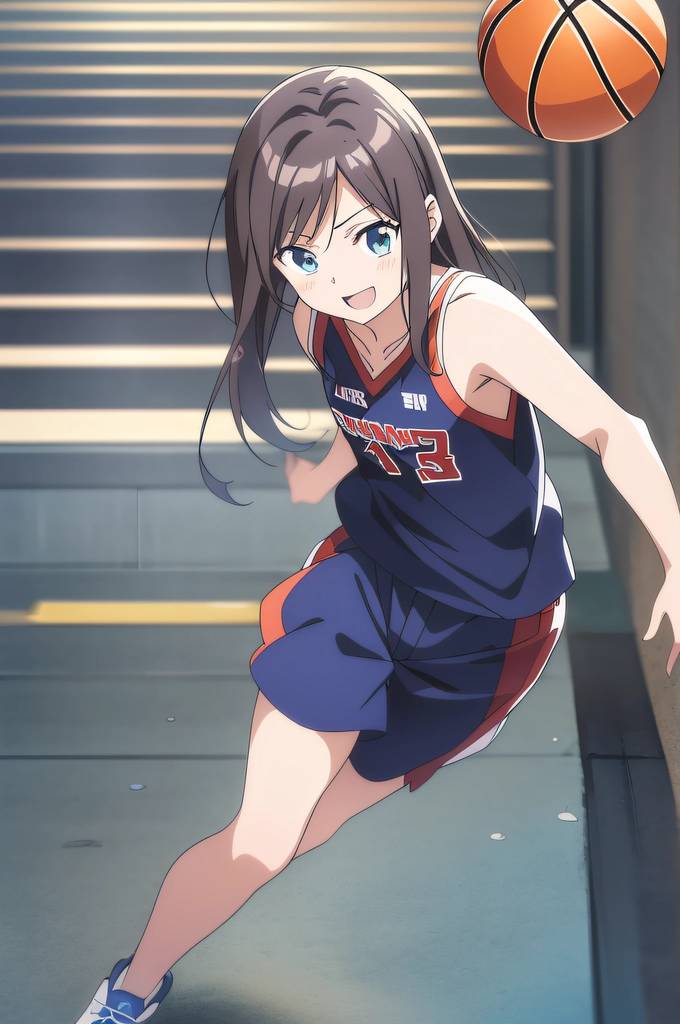 (最好质量,アニメ,Anime Art Style:1.2), , 13years, pering、Playing Basketball,Powerful angles、Speedy movement,looking away,Looks fun、a smile、Sleeveless