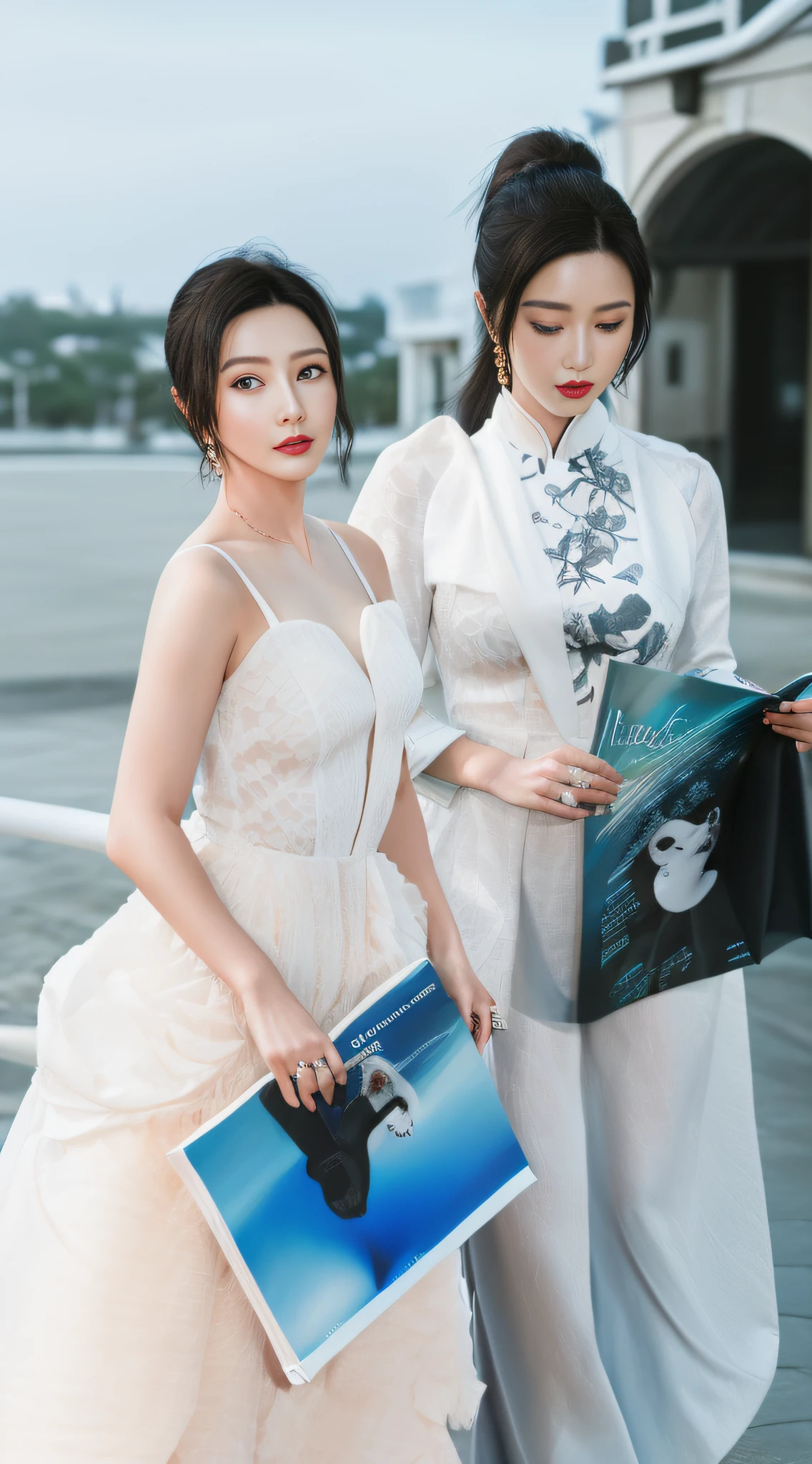 there are two people standing next to each other on a bridge, ao dai, fashion magazine photography, fine art fashion magazine style, in style of lam manh, 🤬 🤮 💕 🎀, magazine photography, magazine photo shoot, magazine shoot, tight light blue neopren suits, editorial photo from magazine, photoshoot, wedding photo, magazine photoshoot（（optimal quality））， （（masterpaintings））， （A detailed：1.4）， 3D， Beautiful images of cyberpunk women， hdr（HighDynamicRange），raytrace，NVIDIA RTX，Hyper-Resolution，illusory 5，sub-surface Scattering，PBR textures，Post-processing，Anisotropic filtering，depth of ﬁeld，Maximum clarity and sharpness，multi-layer texture，Albedo e mapas Speculares，Surface Coloring，Accurate simulation of light-material interactions，perfectly proportioned，octane render of the，duotone lighting，Wide aperture，Low ISO，White balance，trichotomy，8K raw data，masterpaintings，optimal quality，（8k very detailed CG unit wallpaper）（optimal quality），（best illustrations），（Best Shadow）Golden waves，Bright orange AOL sunset through the waves，Golden water droplets flying，（：1. 6），