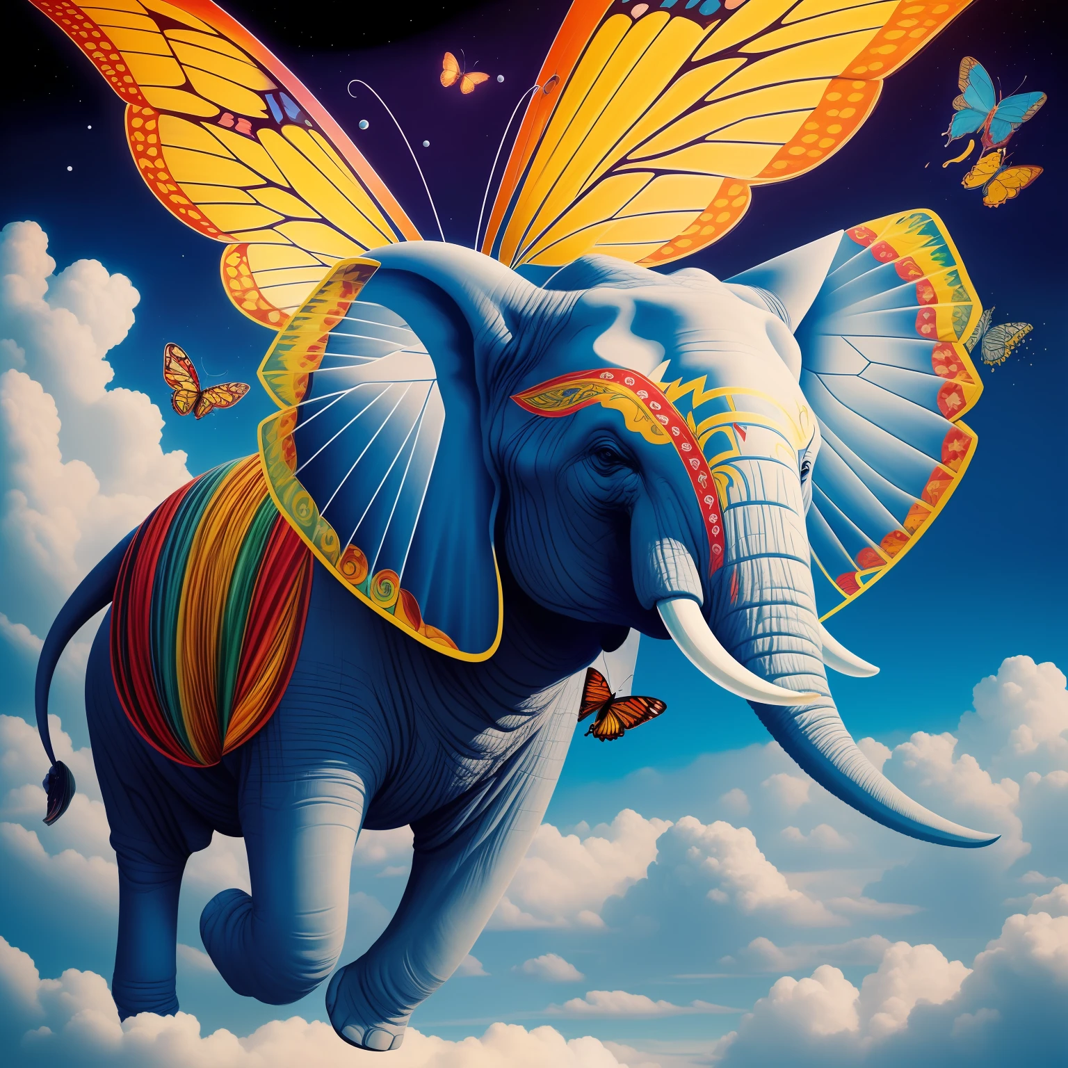 "Imagine a surrealist painting that depicts an elephant floating in the sky, with colorful butterfly wings, while cube-shaped clouds spread around it, defying logic and gravity."