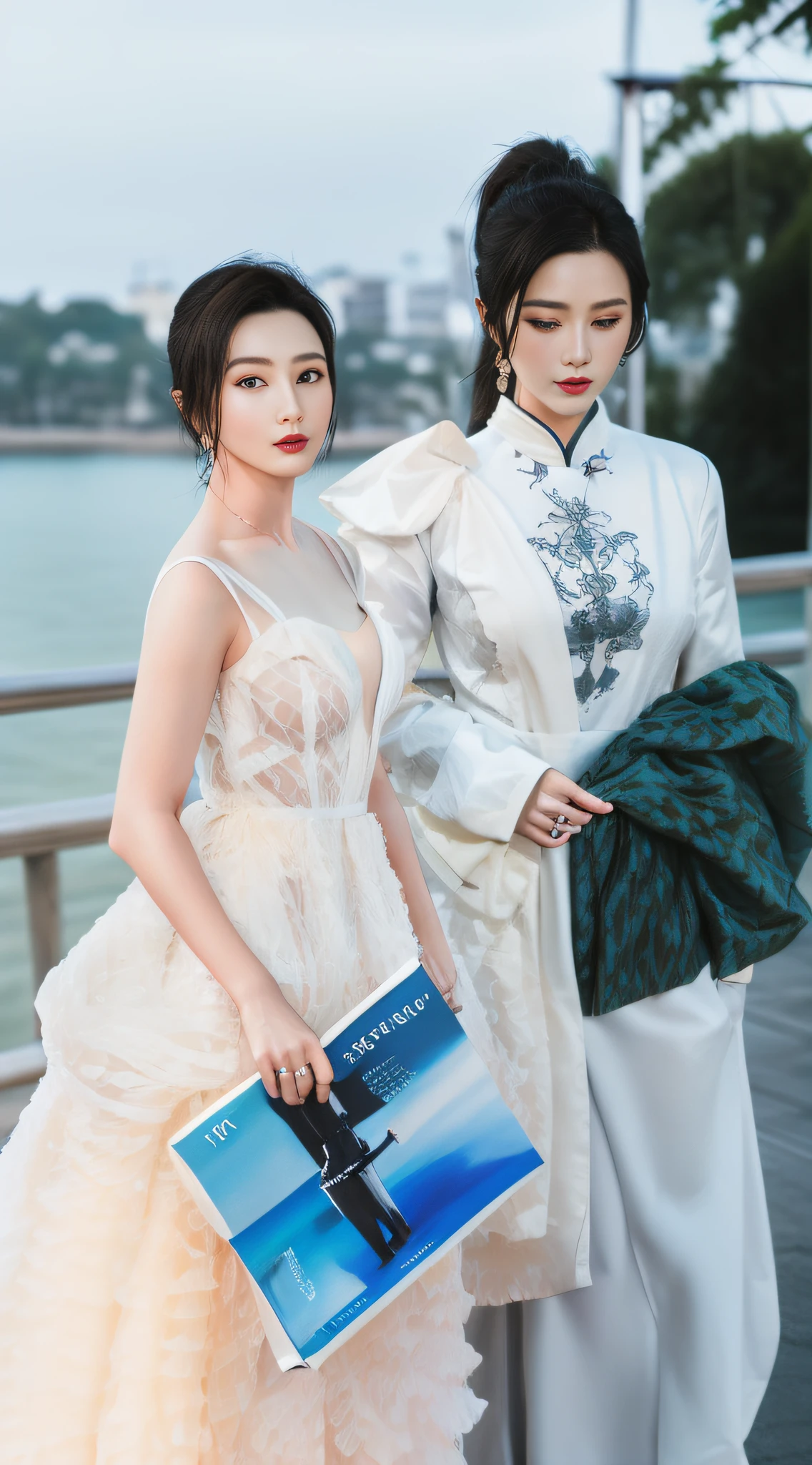 there are two people standing next to each other on a bridge, ao dai, fashion magazine photography, fine art fashion magazine style, in style of lam manh, 🤬 🤮 💕 🎀, magazine photography, magazine photo shoot, magazine shoot, tight light blue neopren suits, editorial photo from magazine, photoshoot, wedding photo, magazine photoshoot((optimal quality)), ((masterpaintings)), (A detailed:1.4), 3D, Beautiful images of cyberpunk women, hdr(HighDynamicRange),raytrace,NVIDIA RTX,Hyper-Resolution,illusory 5,sub-surface Scattering,PBR textures,Post-processing,Anisotropic filtering,depth of field,Maximum clarity and sharpness,multi-layer texture,Albedo e mapas Speculares,Surface Coloring,Accurate simulation of light-material interactions,perfectly proportioned,octane render of the,duotone lighting,Wide aperture,Low ISO,White balance,trichotomy,8K raw data,masterpaintings,optimal quality,(8k very detailed CG unit wallpaper)(optimal quality),(best illustrations),(Best Shadow)Golden waves,Bright orange AOL sunset through the waves,Golden water droplets flying,(:1. 6),