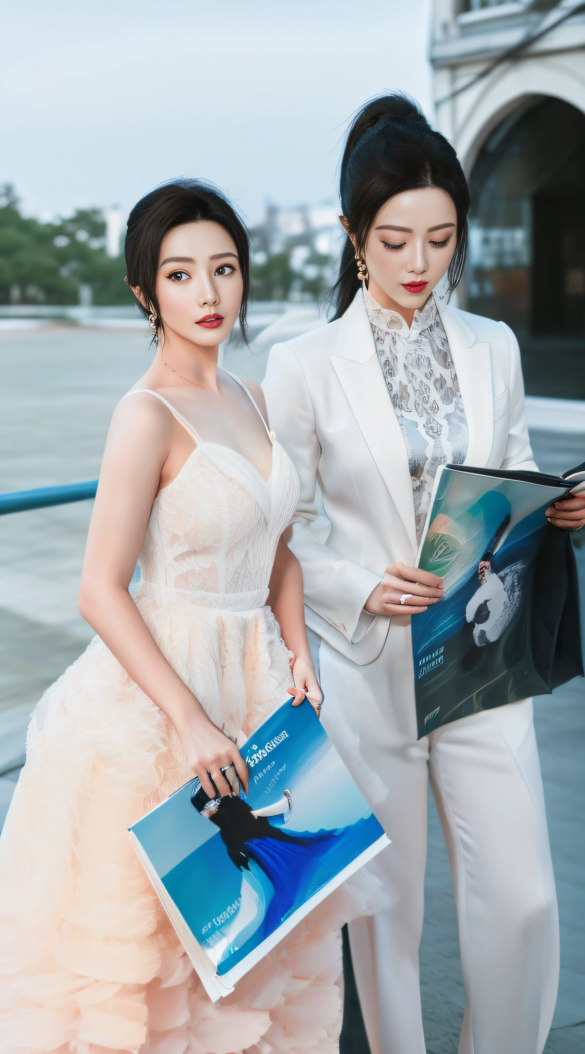 there are two people standing next to each other on a bridge, ao dai, fashion magazine photography, fine art fashion magazine style, in style of lam manh, 🤬 🤮 💕 🎀, magazine photography, magazine photo shoot, magazine shoot, tight light blue neopren suits, editorial photo from magazine, photoshoot, wedding photo, magazine photoshoot（（optimal quality））， （（masterpaintings））， （A detailed：1.4）， 3D， Beautiful images of cyberpunk women， hdr（HighDynamicRange），raytrace，NVIDIA RTX，Hyper-Resolution，illusory 5，sub-surface Scattering，PBR textures，Post-processing，Anisotropic filtering，depth of ﬁeld，Maximum clarity and sharpness，multi-layer texture，Albedo e mapas Speculares，Surface Coloring，Accurate simulation of light-material interactions，perfectly proportioned，octane render of the，duotone lighting，Wide aperture，Low ISO，White balance，trichotomy，8K raw data，masterpaintings，optimal quality，（8k very detailed CG unit wallpaper）（optimal quality），（best illustrations），（Best Shadow）Golden waves，Bright orange AOL sunset through the waves，Golden water droplets flying，（：1. 6），