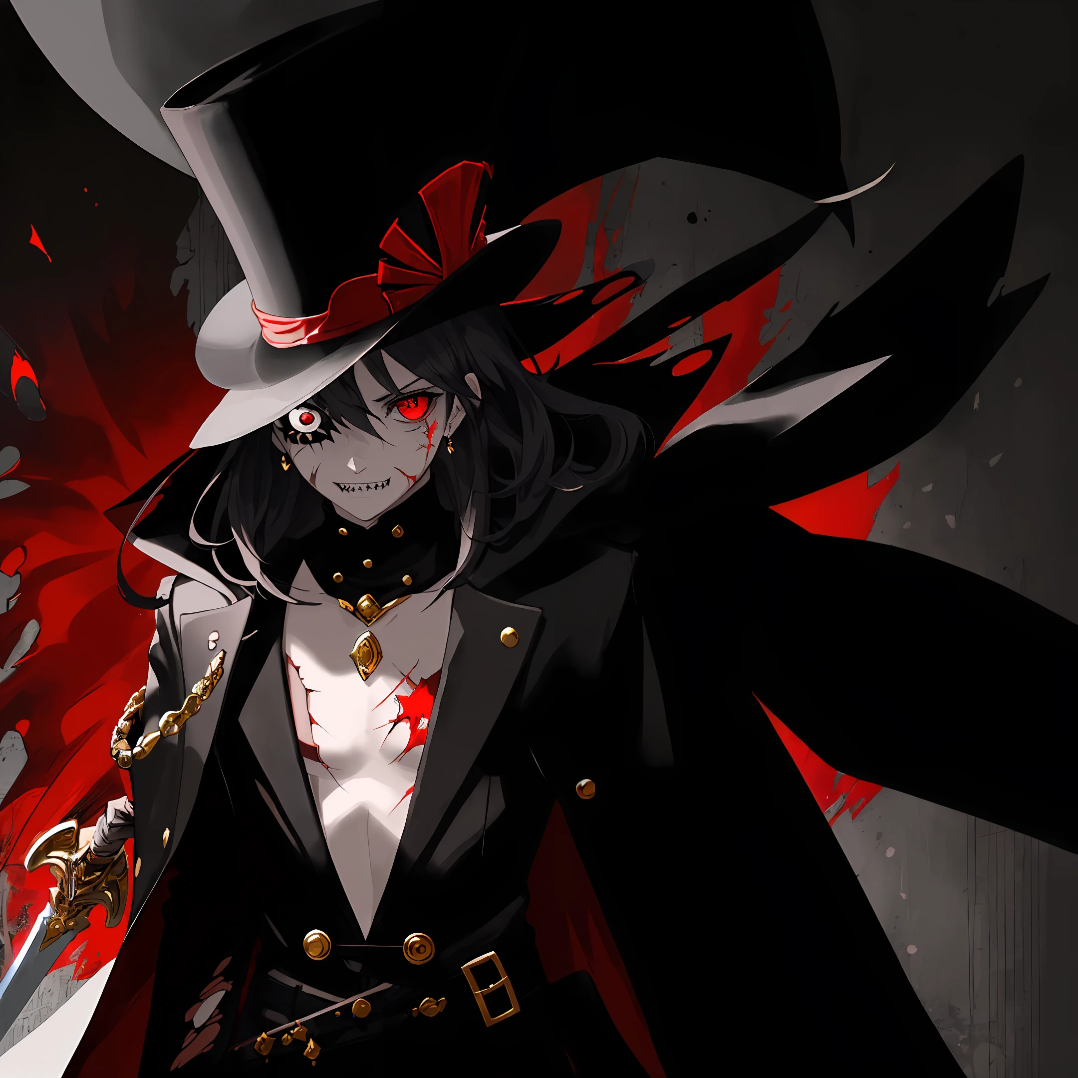 man, weapon, black hair, hat, long hair, sword, hold, solo, male focus, weapon hold, extra eyes, sword hold, top hat, colored sclera, wood, red eyes, black headdress, black gloves, top hat, long black cloak, leather black cloak, (extra eyes on clothes), (sharp teeth), ((mutilated body), ((eye decoration on the hat)), (eye jewelry), (a lot of jewelry), ((many scars and wounds)), ((fierce look)), (skinny wounded body), (Decoration in in the form of an eye on the chest), (bloody claws), ((torn clothes))