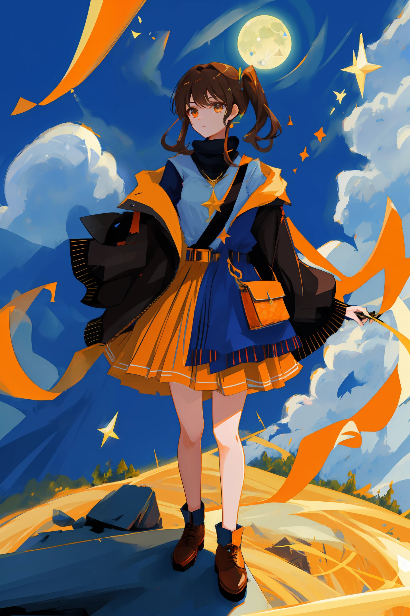 high picture quality、sorcerer、femal、Holding a cane、Brown hair long、Phoebe's hairstyle、Orange Eyes、Having a spell document、standing on a hill、Moonlit Night