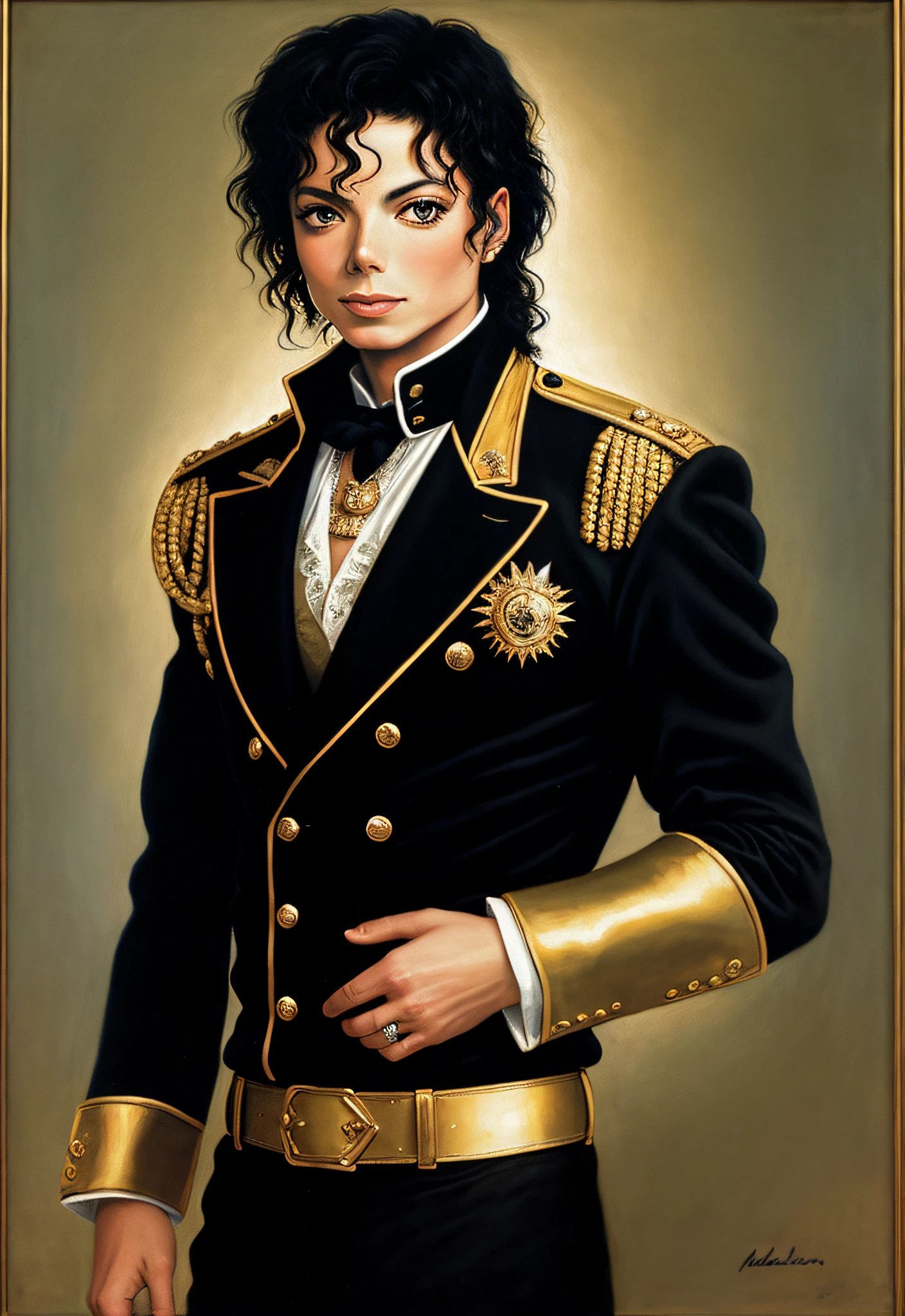 A classic painting by Michael Jackson,Extreme resolution,masterpaintings,A gold band wraps around the chest,There are many of them