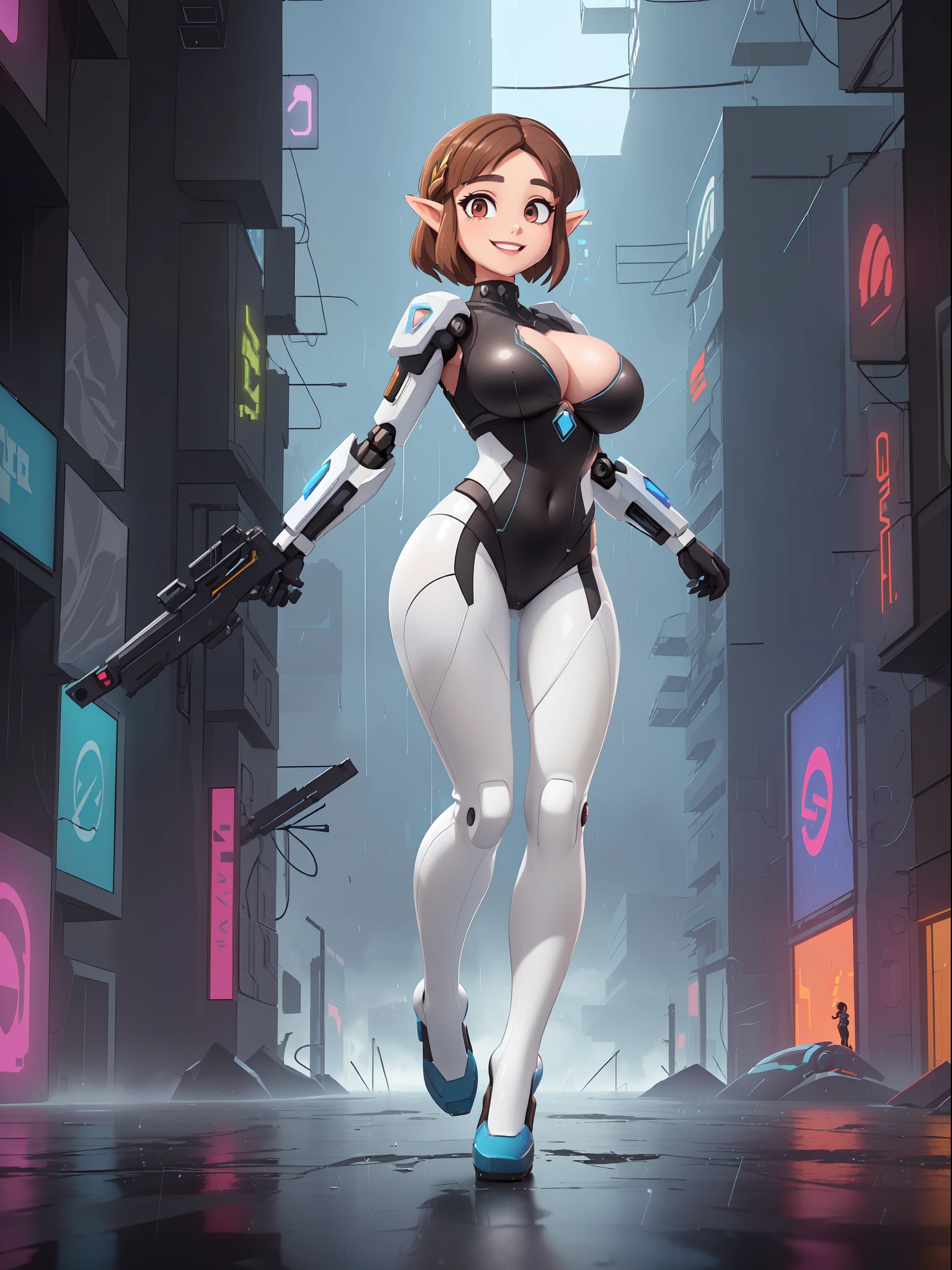 ((full body):1.5), {(Princess Zelda)}, {(((wearing black mecha costume with white parts extremely tight on her body)), ((extremely large breasts)), ((short brown hair, eyes blue)), is looking at the viewer, smiling, ((doing erotic pose)) holding futuristic weapons), (background: destroyed city, ((raining heavily))))}, ((cyberpunk):1.2), 16k, high quality, high detail, UHD