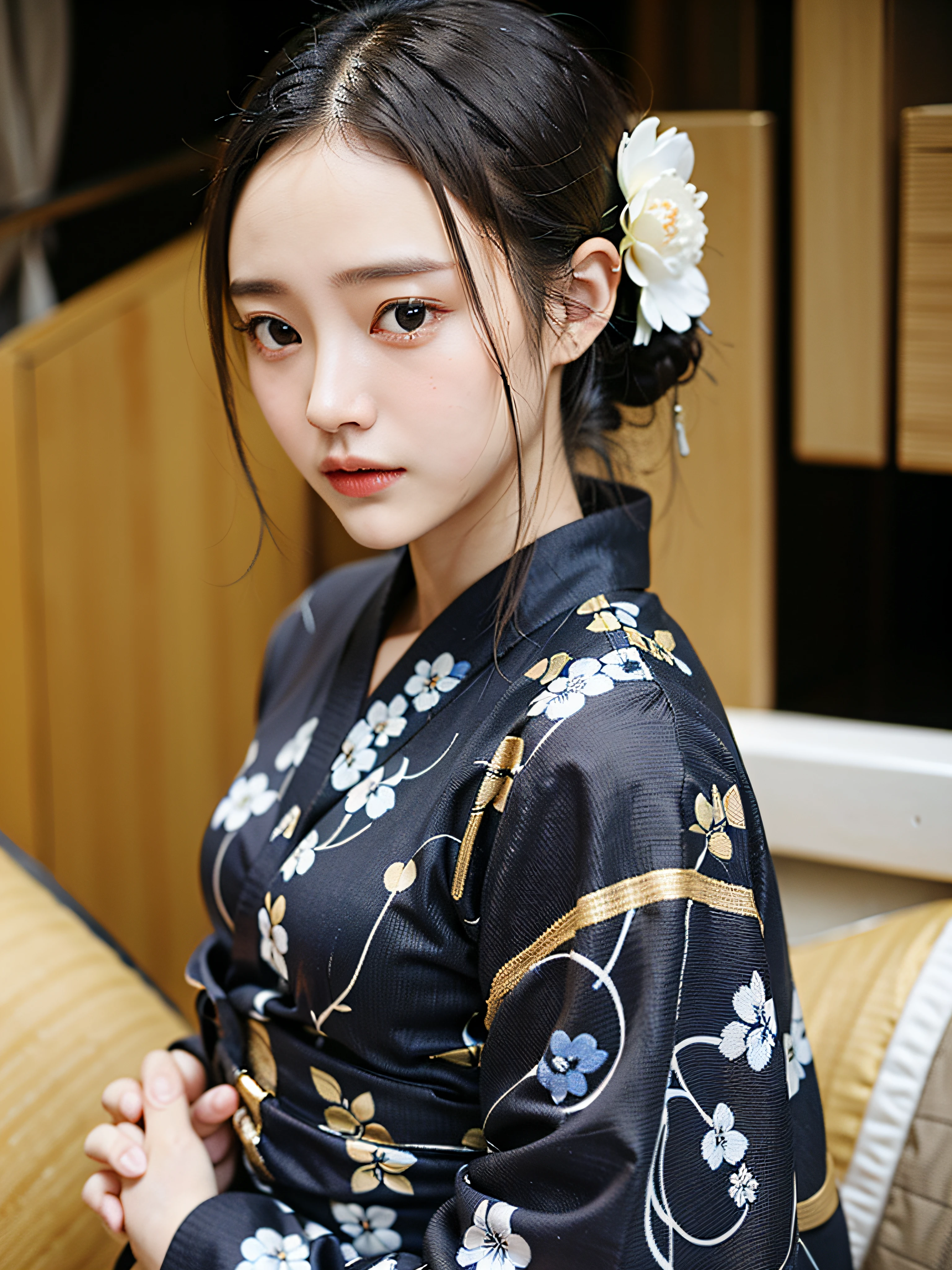 "(Maste Piece, Best Quality:1.2),(最好质量:1.2),(Master Master:1.2)、(巨作、Super Quality、Hi-Def、8K、intrikate:1.2)、(details face:1.2)、White Skin Skin、双眼皮、Detailed skin、((realisitic))、Good lighting quality、beautiful  Girl,Dignified face,Sareme,front facing, Hands together,Gasso, (black har)".in a kimono、Kimono、Black kimono、Vivid pattern、Exclusive Japan garden、