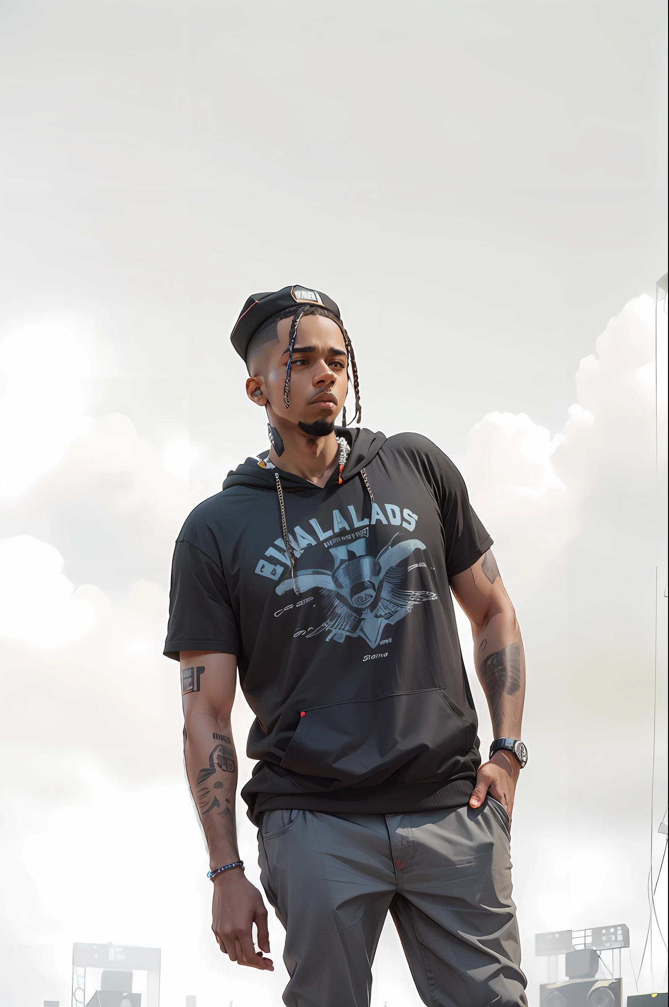 Araffe Man in a black hoodie and black cap speaking in a micro, NAS, rapper on stage at the festival, Rapper, live at lollapalooza, in front of a large crowd, big head on stage, teddy fresh, : Kendrick Lamar, on stage, Kendrick Lamar, rap, Chicago, Boston, Tyler, recognizable, performing, 2019 --auto --s2