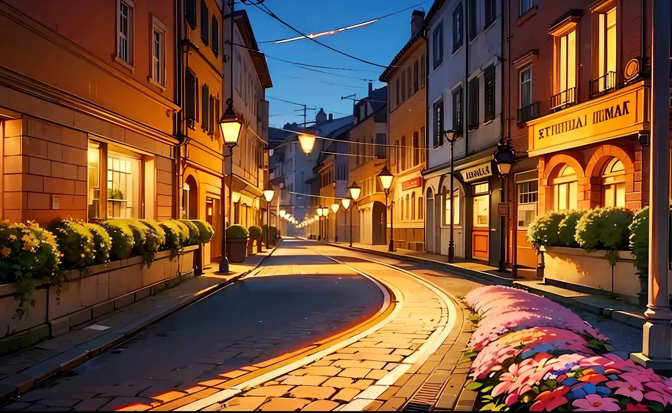 Rua estreita bem iluminada na italia com flores