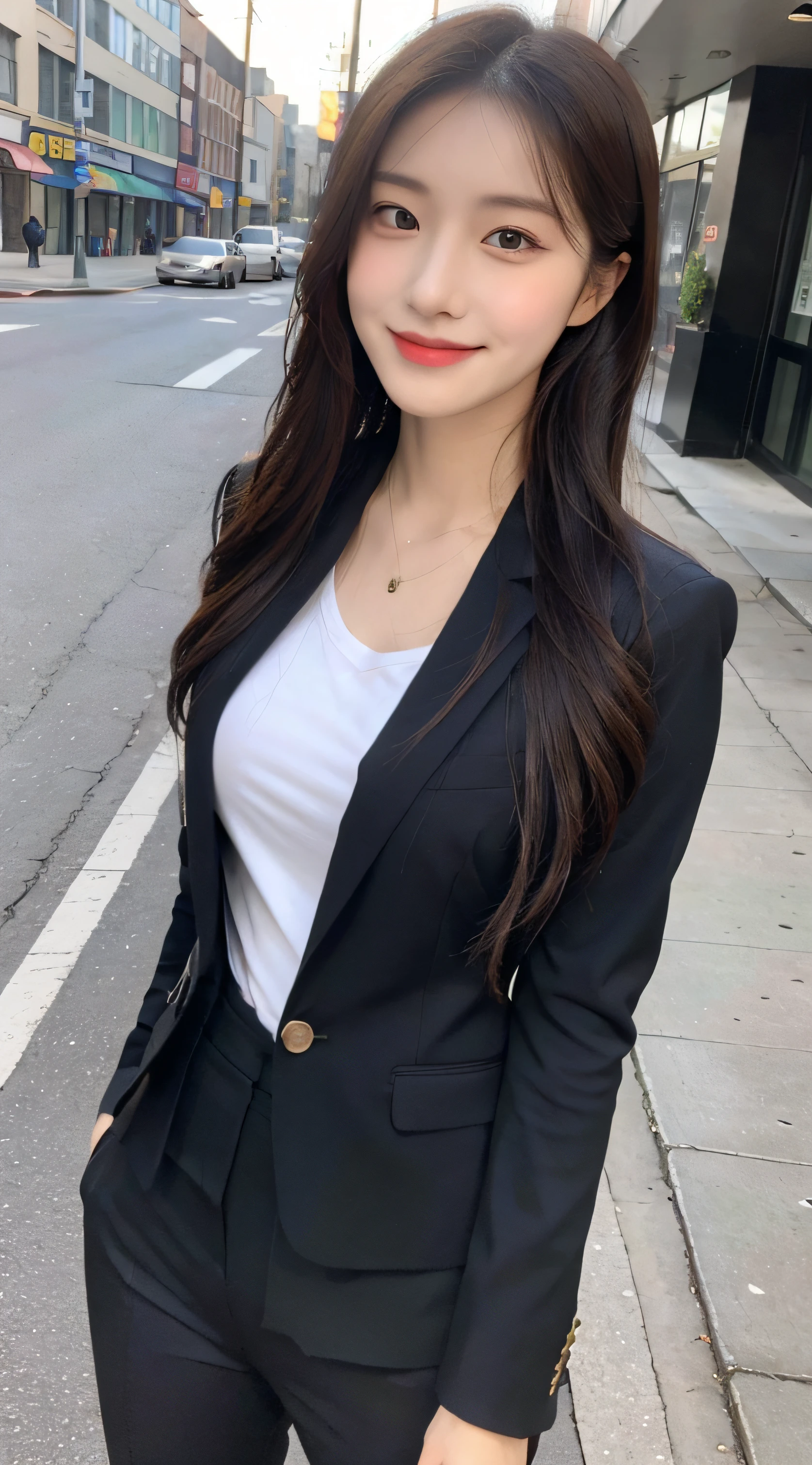 (1 Korean girl with royal sister style), ((best quality, 8k, masterpiece: 1.3)), (front photo), perfect body beauty: 1.4, (smile), (Street: 1.3), highly detailed face and skin texture, delicate eyes, double eyelids, whitened skin, (air bangs: 1.3), (round face: 1.5), (work suit: 1.4), tight clothes