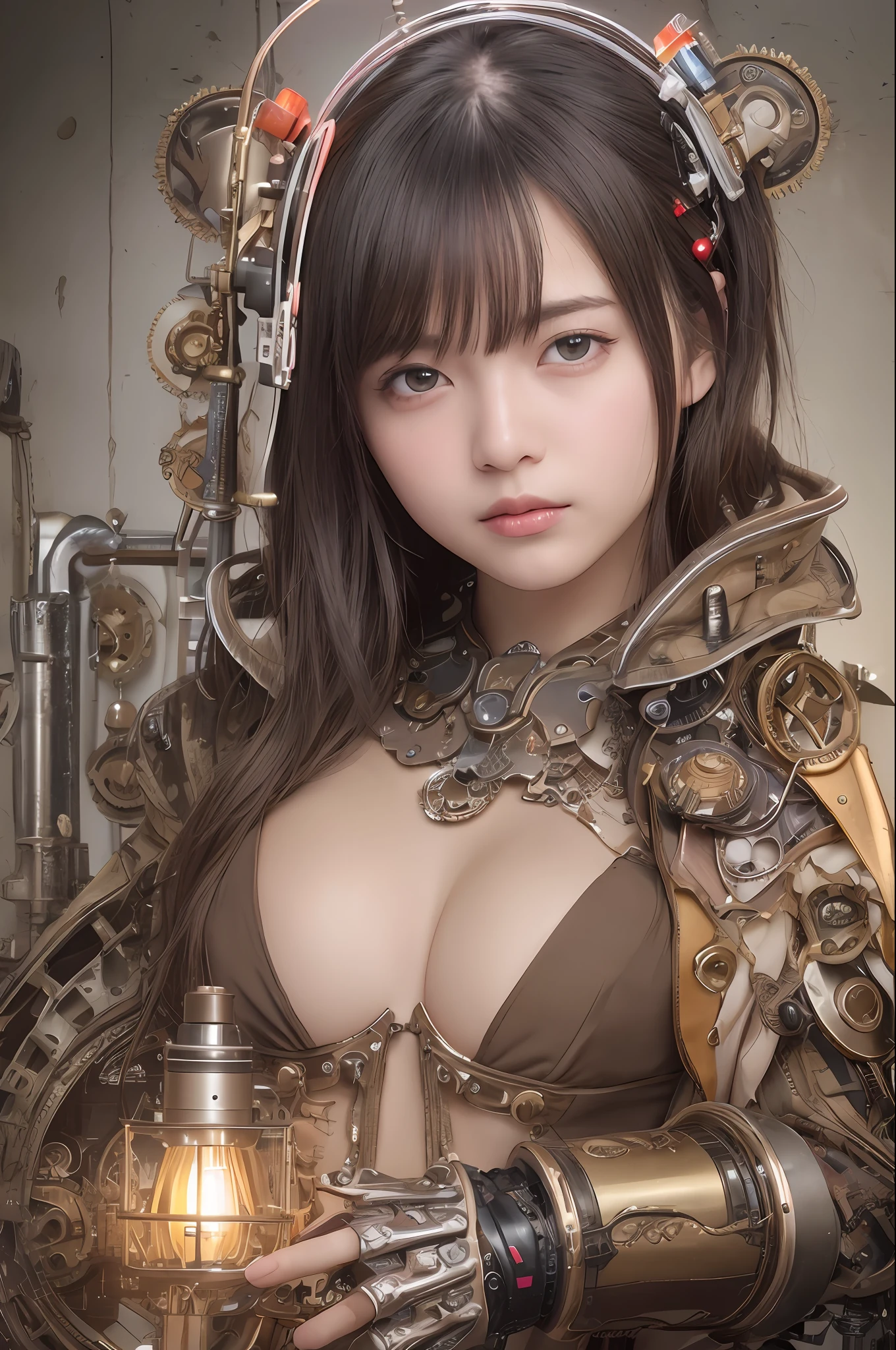 最好质量、巨作、ultra-high-resolution、(photoreallistic:1.4)、Raw photo、1人、Black hair、glowy skin、1 Mechanical Girl、((hyper realistic detail))、portlate、Global Illumination、Shadow、octane rend、8K、ultrasharp、big tit、Raw skin is exposed in cleavage、metals、Details of complex ornaments、Steampunk details、Analog Meter、cog、gear、Golden hydraulic cylinder、hyper intricate details、Realistic light、CGSoation Trends、purple colored eyes、eyes glowing、Facing the camera、neon details、Mechanical limbs、blood vessels connected to tubes、Mechanical vertebrae attached to the back、mechanical cervical attaching to neck、sitting on、Wires and cables connecting to the head、vacuum tubes、cog、meter、Gundam、Small LED lamp、The background is a steampunk city、