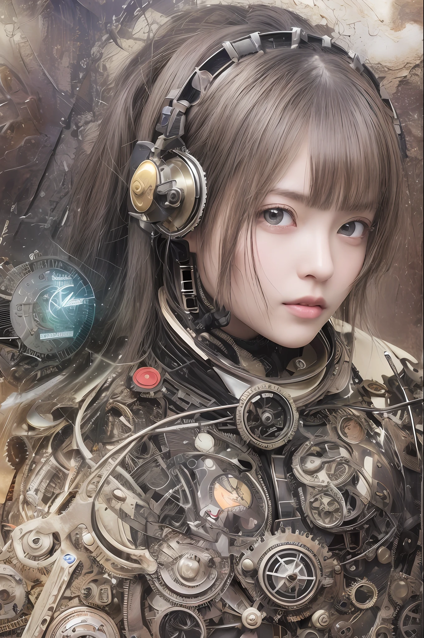 最好质量、巨作、ultra-high-resolution、(photoreallistic:1.4)、Raw photo、女の子1人、Black hair、glowy skin、1 Mechanical Girl、((hyper realistic detail))、portlate、Global Illumination、Shadow、octane rend、8K、ultrasharp、big tit、Raw skin is exposed in cleavage、metals、Details of complex ornaments、Steampunk details、Analog Meter、cog、gear、Golden hydraulic cylinder、hyper intricate details、Realistic light、CGSoation Trends、purple colored eyes、eyes glowing、Facing the camera、neon details、Mechanical limbs、blood vessels connected to tubes、Mechanical vertebrae attached to the back、mechanical cervical attaching to neck、sitting on、Wires and cables connecting to the head、vacuum tubes、cog、meter、Gundam、Small LED lamp、The background is a steampunk city、