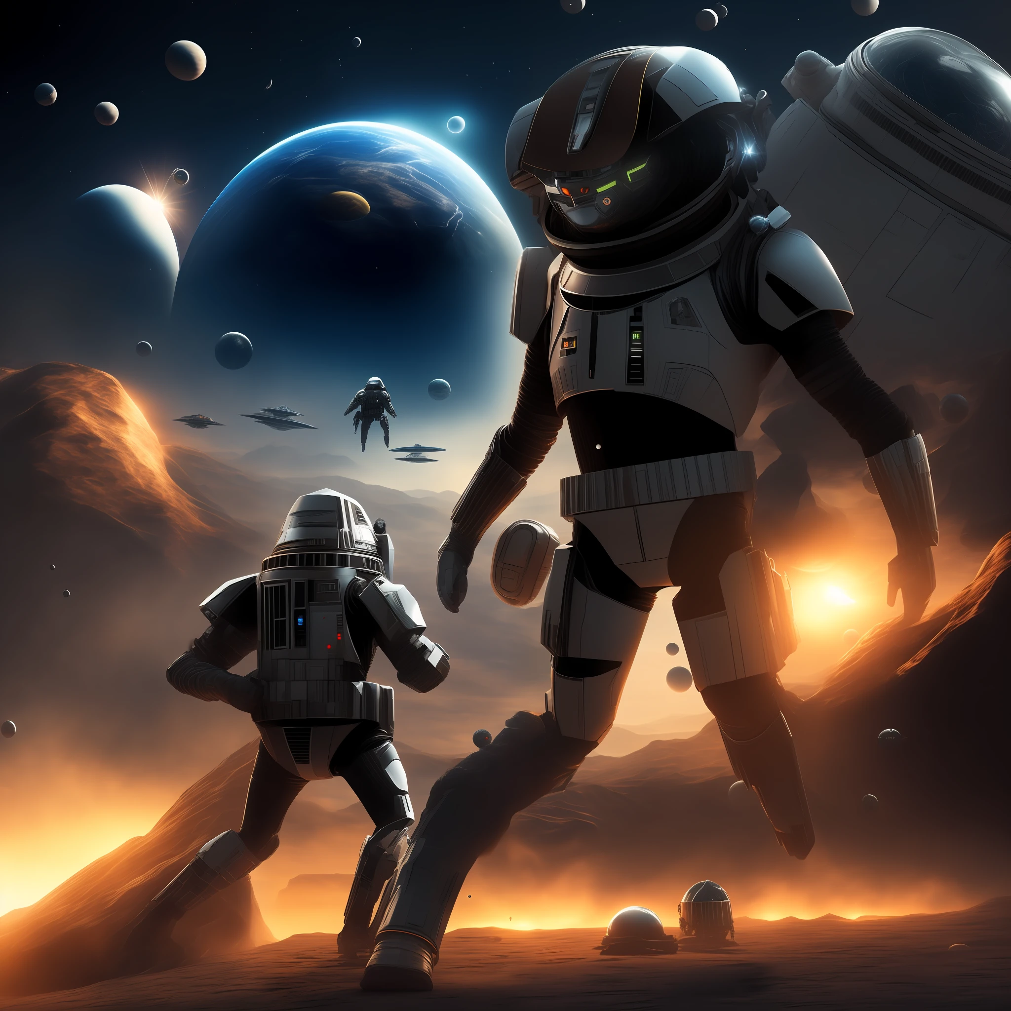 Ultra hd, high resolution,8k, ultra realistic, fantastic,Giant alien in the space with the galaxy, with mar planet, fighting with star war model, ultra detail, modern suits, modern weapons --auto