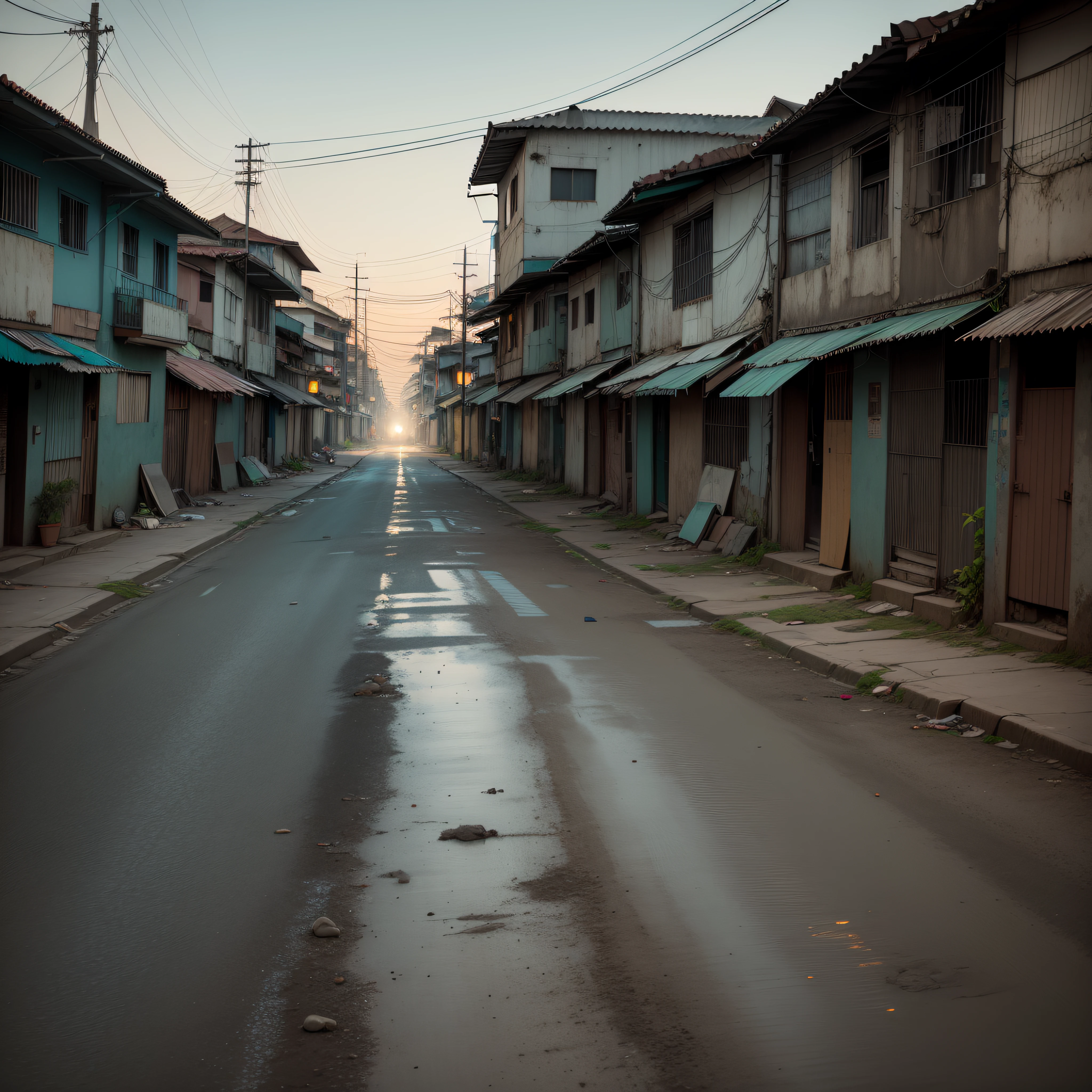 A long dark street. Miserable environment. Brazilian slum. On the horizon, an intense glow, only lighting of the image. Fantastic image, with realistic aspect and in high definition.