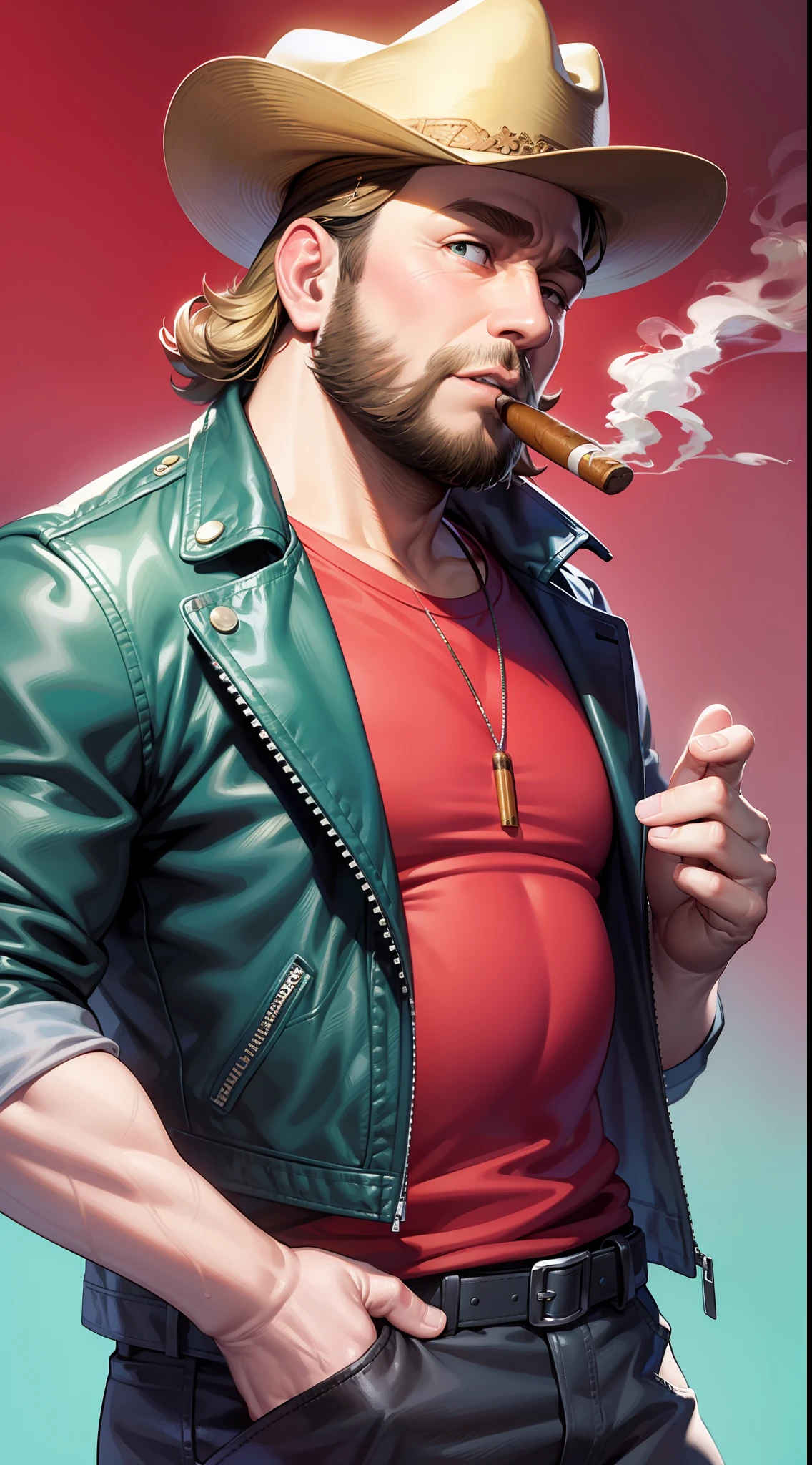 Haute, fat guy, short blonde curly hair, Cyan eyes, Small beard, cowboy hat, leather jacket, red t-shirt, cigar, Masterpiece, high qulity