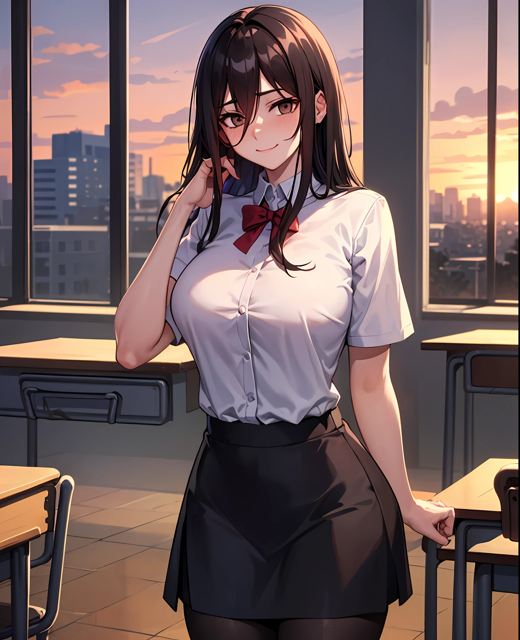 nsfw, masterpiece, Best Quality, (1 Faceless Boy: 1.3), (Boy Chest Scratch: 1.1), 1girl huge large breasts. (school uniform: 1.2), Long black hair, Brown eyes, (Classroom: 0.8), (Sunset: 0.7), (oversized breasts: 1.4), (sad smile: 0.8)