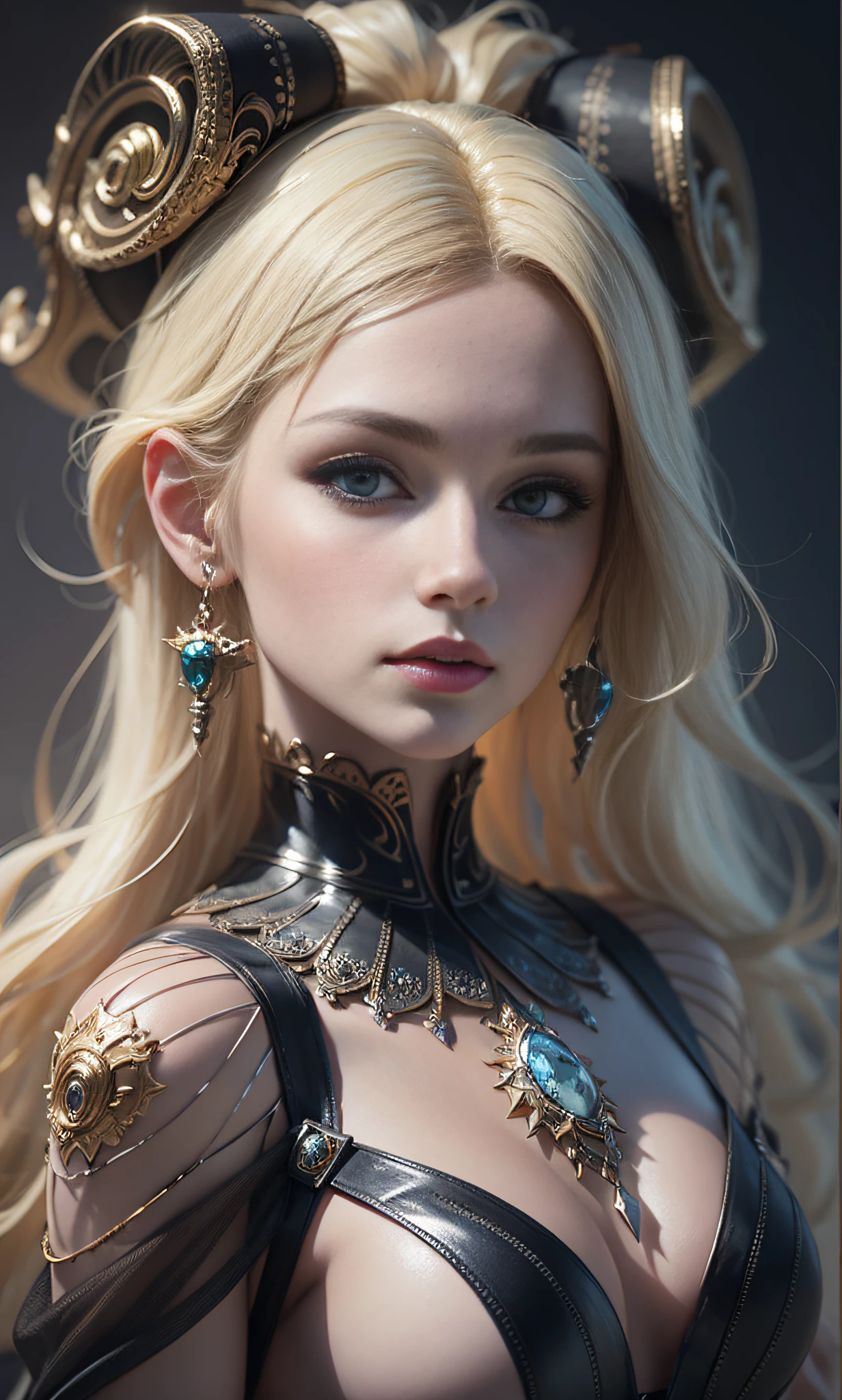 Blonde woman with a white hair and glowing lights in a black dress, Full Body, Very delicate face, Beautiful digital artwork, Realistic eyes, fantasy gorgeous lighting, gorgeous digital art, stunning digital illustration, digital fantasy art ), 3d render character art 8 k, a stunning young ethereal figure, 4K Highly Detailed Digital Art, ethereal fantasy, Very beautiful digital art, fantasy digital art, digital fantasy art