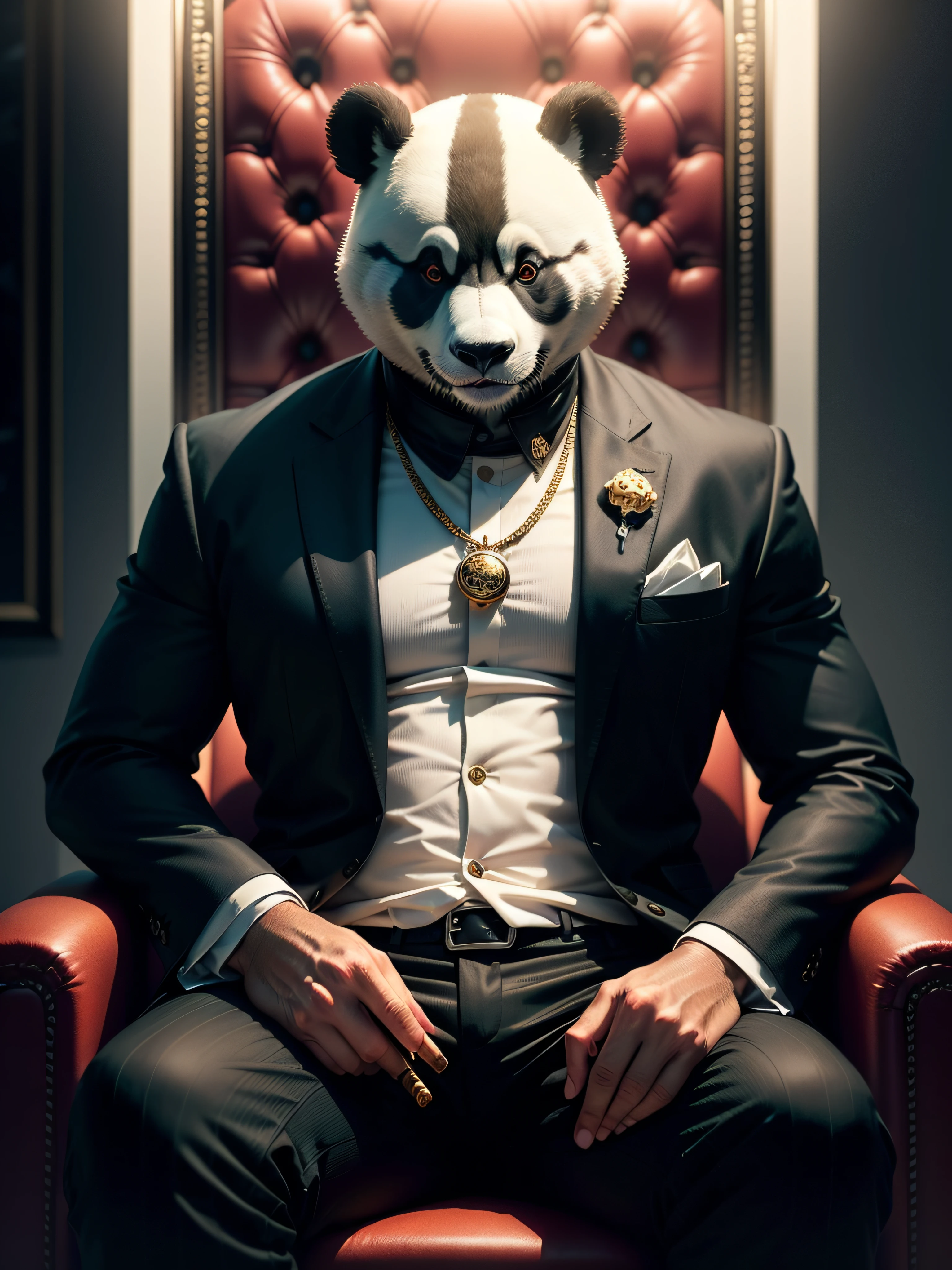 A majestic hybrid creature with a panda's head seated on an extravagant throne, exuding a Miami gangster mafioso atmosphere, rendered in ultra HD 4K. The creature possesses a muscular human body with panda-like features, dressed in a tailored pinstripe suit, complete with a fedora tilted to the side. Its panda head is adorned with a diamond-studded collar and a gold chain hanging from its pocket, while confidently puffing on a cigar. The throne itself is constructed from glossy black marble, intricately etched with motifs of bamboo and pandas. The scene is bathed in the soft glow of neon lights, casting vibrant hues onto the creature's regal presence. The background showcases the nighttime cityscape of Miami, with palm trees swaying in the breeze, luxurious sports cars lining the streets, and the glimmering lights of high-rise buildings. This image is captured in a realistic photographic style, employing a high-resolution camera with a telephoto lens, allowing for precise focus on the intricate details of the hybrid creature and the lavish surroundings