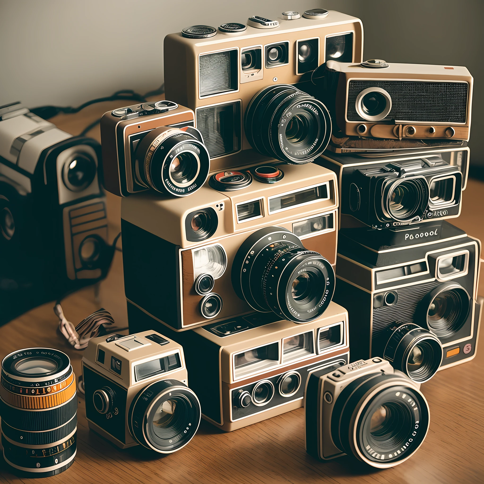 "Generate a retro scene with a collection of old still cameras, such as Polaroids and 35mm film cameras."