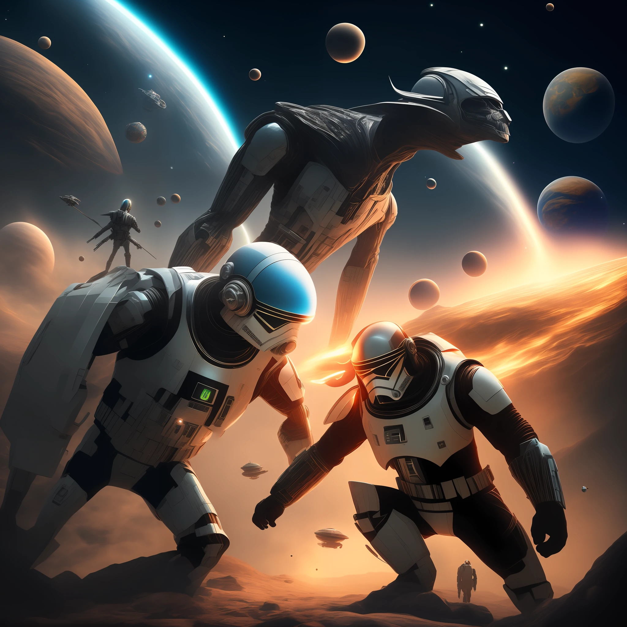 Ultra hd, high resolution,8k, ultra realistic, fantastic,Giant alien in the space with the galaxy, with mar planet, fighting with star war model, ultra detail, modern suits, modern weapons --auto