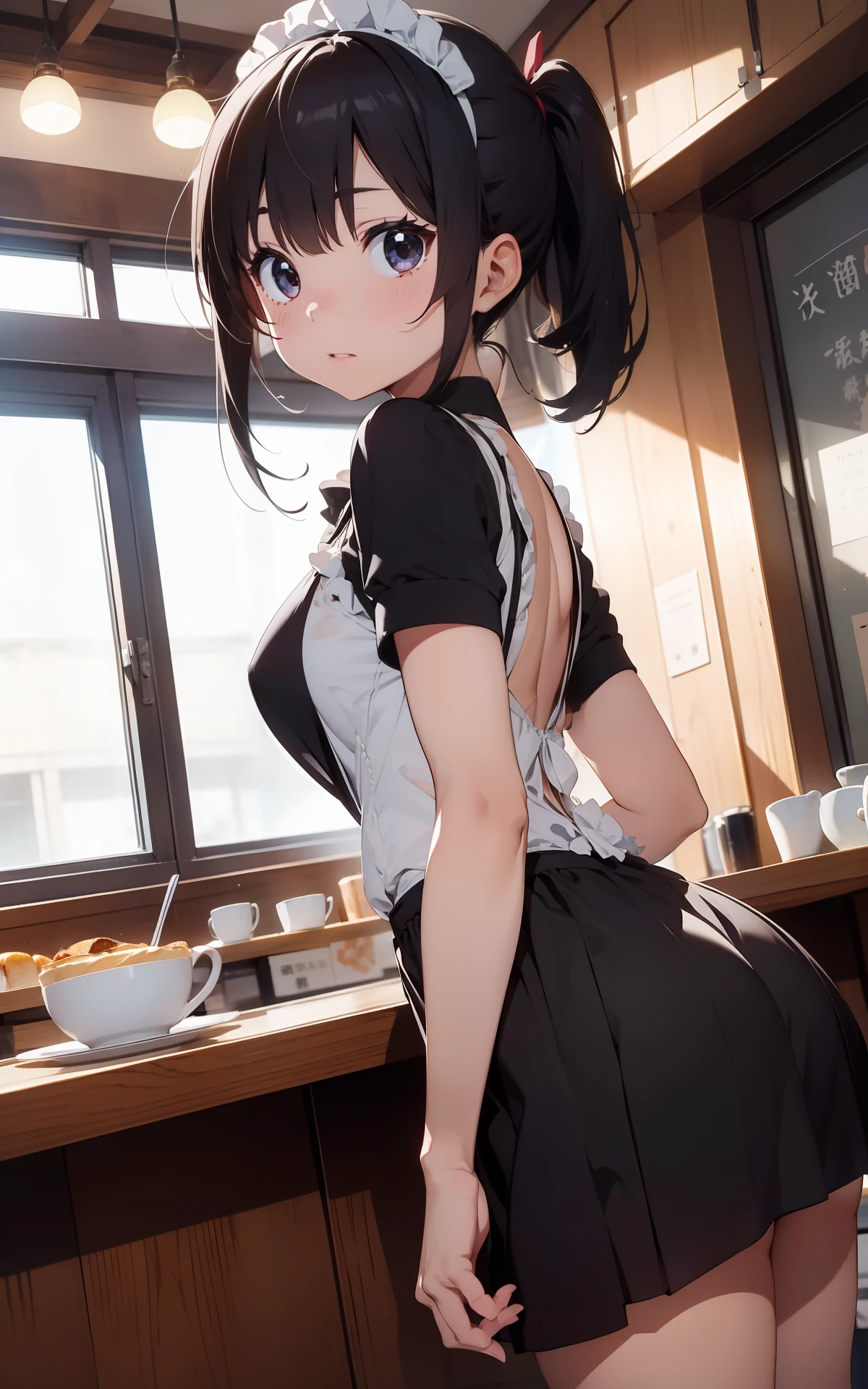 最好质量、1girl in、maid、garterbelts、sora、colorful strands of hair、a cute 、Lustrous skin、24 years old、Shines、High contrast、Tempting、Sensual milf, Serving customers at a café, big tit、White blouse、Black skirt、Sleeveless、Beautiful thighs、White headband、poneyTail、A low-angle、backshots