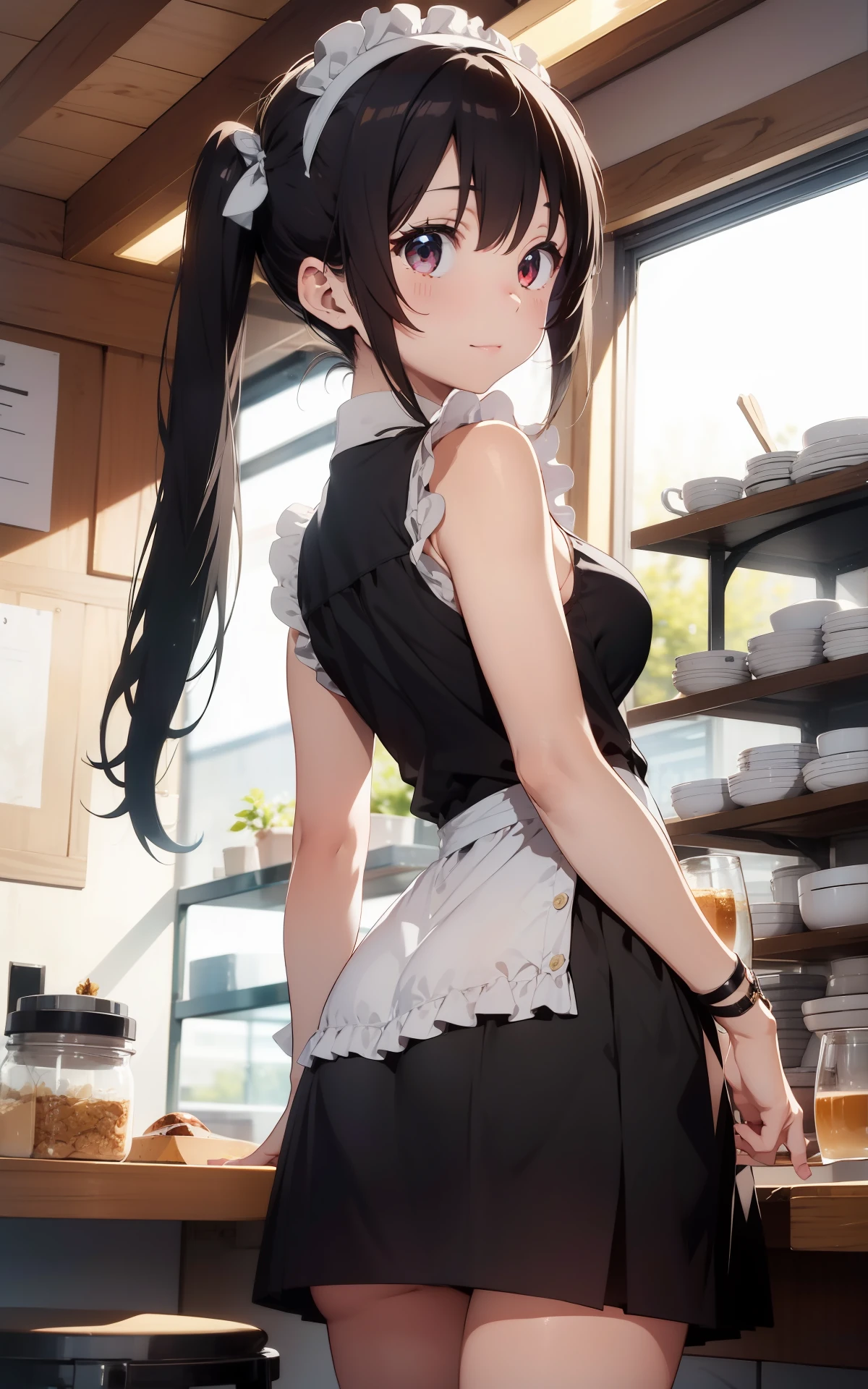 最好质量、1girl in、maid、garterbelts、sora、colorful strands of hair、a cute 、Lustrous skin、24 years old、Shines、High contrast、Tempting、Sensual milf, Serving customers at a café, big tit、White blouse、Black skirt、Sleeveless、Beautiful thighs、White headband、poneyTail、A low-angle、backshots