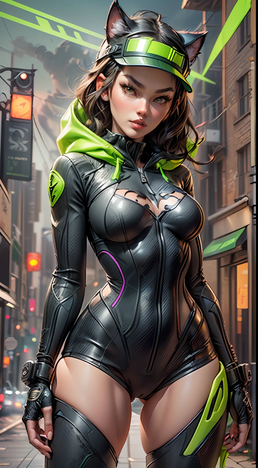 (An ultra-detailed CG illustration with high-quality and dynamic angles: Cat-Woman is featured wearing a desirable techwear jacket, revealing a line of sexy, futuristic clothing.), (she has the face of Monica Bellucci), (she has a hood with cat ear shaped corners), ((she has puffy, (lime green clear visor)