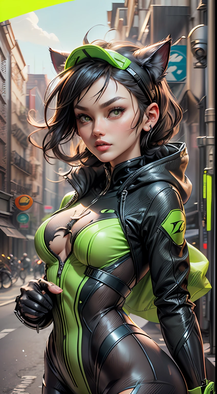 (An ultra-detailed CG illustration with high-quality and dynamic angles: Cat-Woman is featured wearing a desirable techwear jacket, revealing a line of sexy, futuristic clothing.), (she has the face of Monica Bellucci), (she has a hood with cat ear shaped corners), ((she has puffy, (lime green clear visor)