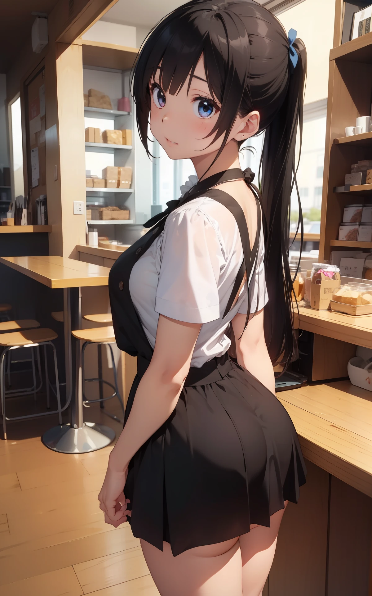 最好质量、1girl in、maid、garterbelts、sora、colorful strands of hair、a cute 、Lustrous skin、24 years old、Shines、High contrast、Tempting、Sensual milf, Serving customers at a café, big tit、White blouse、Black skirt、Sleeveless、Beautiful thighs、White headband、poneyTail、A low-angle、backshots