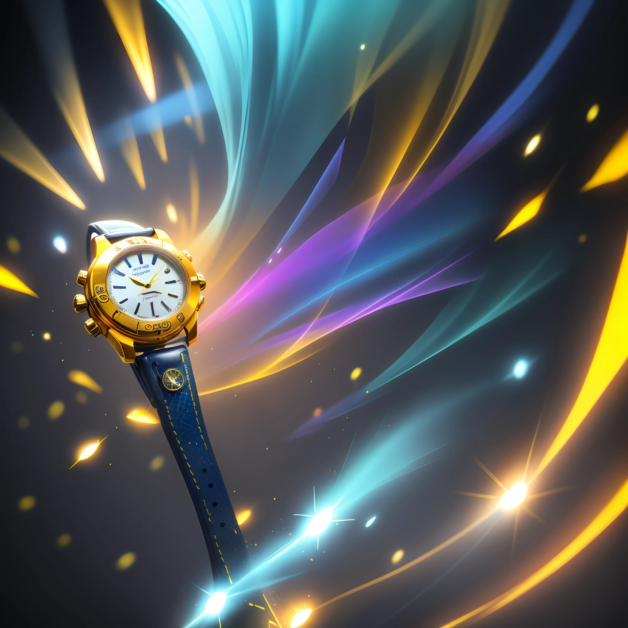 (a mysterious wrist watch:1.2), 16k ultra HD, wonderful and amazing,(blue colored watch surrounded by yellow smoke and lighting), elegant and stylish,  (vibrant color:0.9), (dynamic angle+dynamic light+particle effects:1.3), (bright and shiny:0.9)